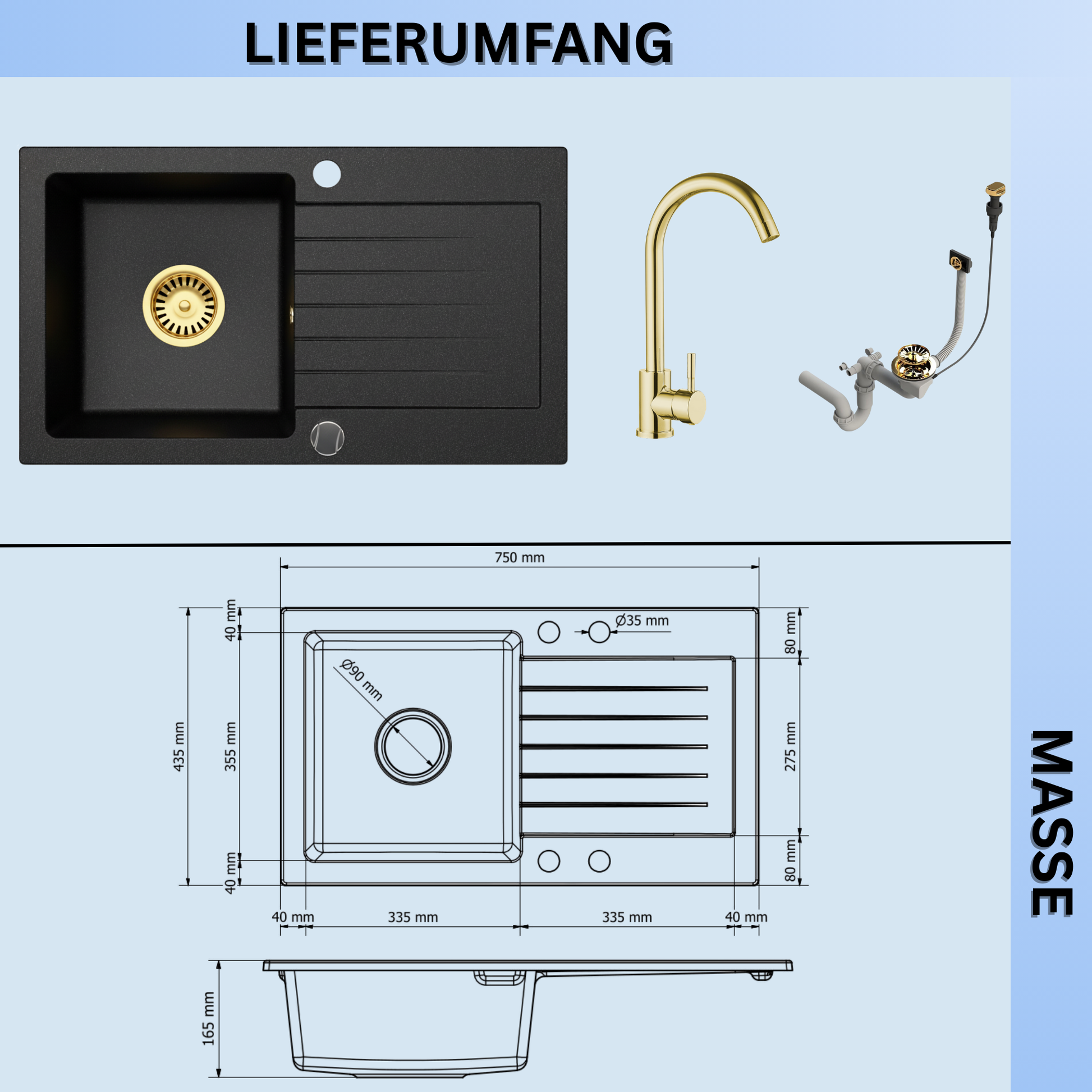 Granitspüle Alisha 75×43,5 cm mit Armatur Genial Gold & Siphon-Set Gold