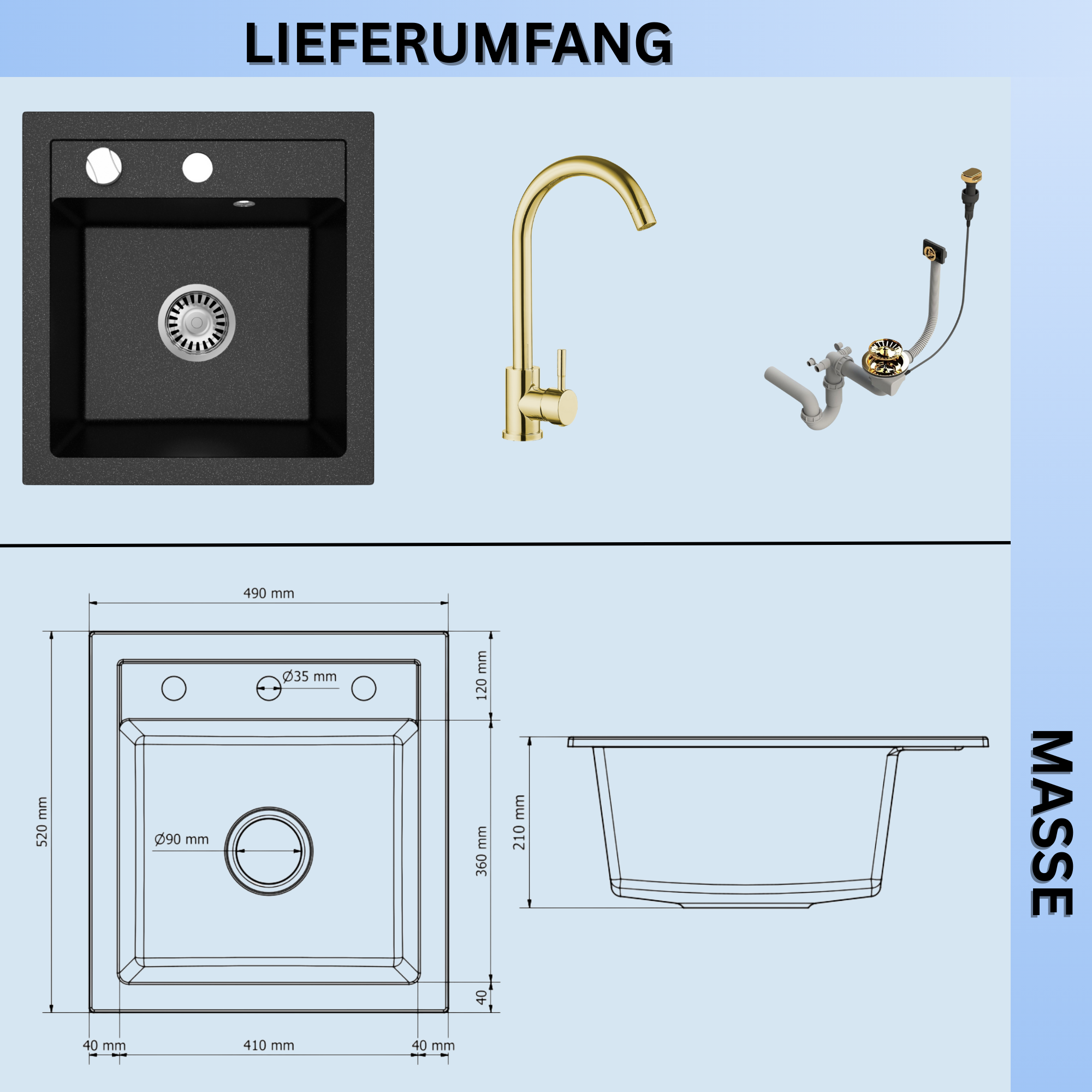 Granitspuele_Milano_49_x_52_cm_Komplettset_mit_Genial_Kuechenarmatur_Gold_Siphon-Set_Gold_Einbauspuele_aus_Granit