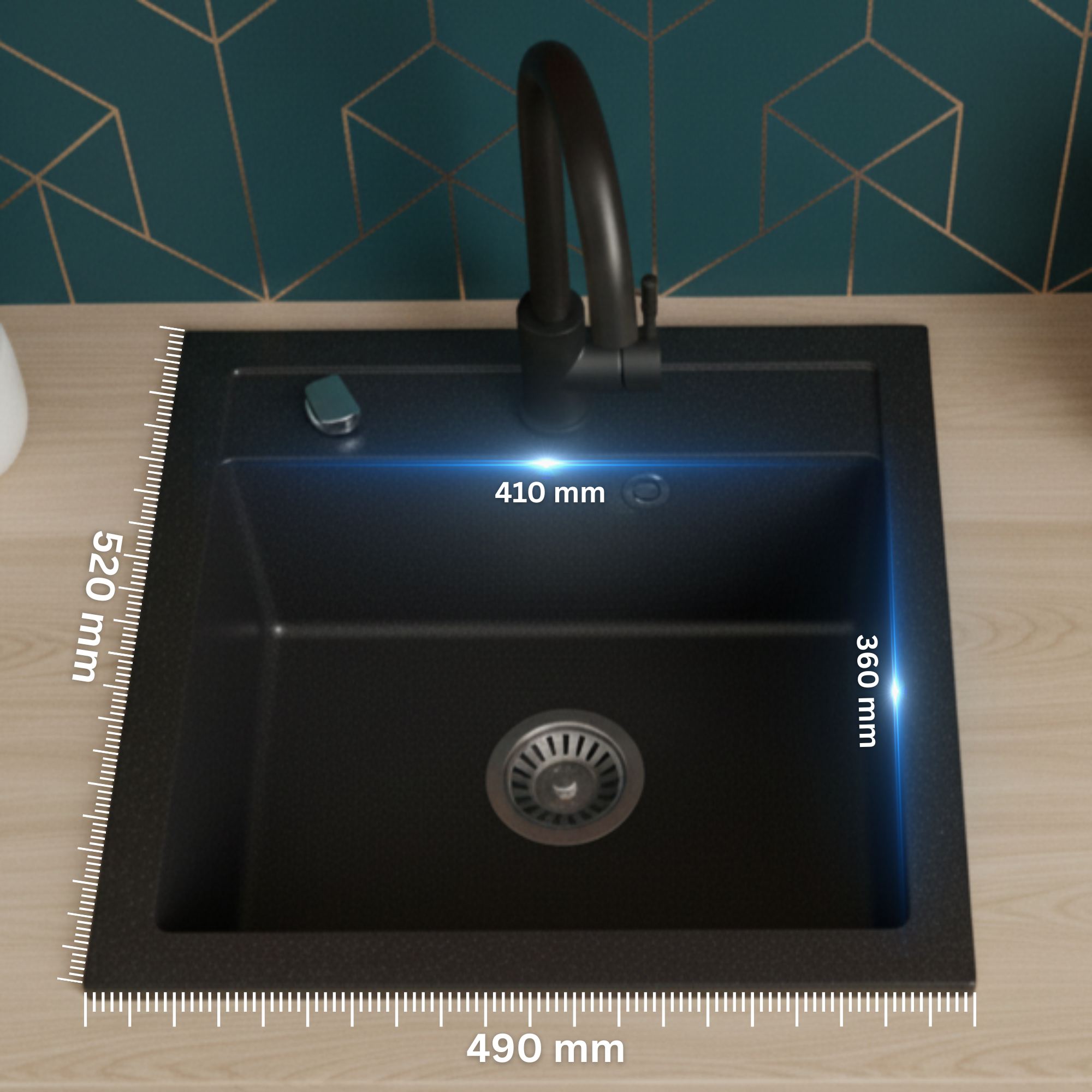 Granitspüle Milano 49x52 cm Schwarz Gesprenkelt mit Armatur & Siphon-Set