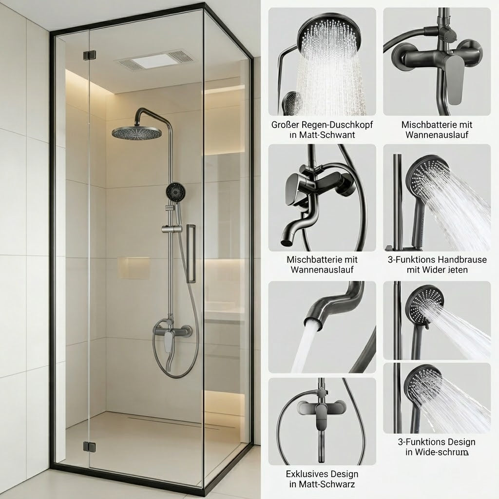 Zerena Duschsystem – Regendusche mit Handbrause, höhenverstellbare Duschstange & Einhebelmischer