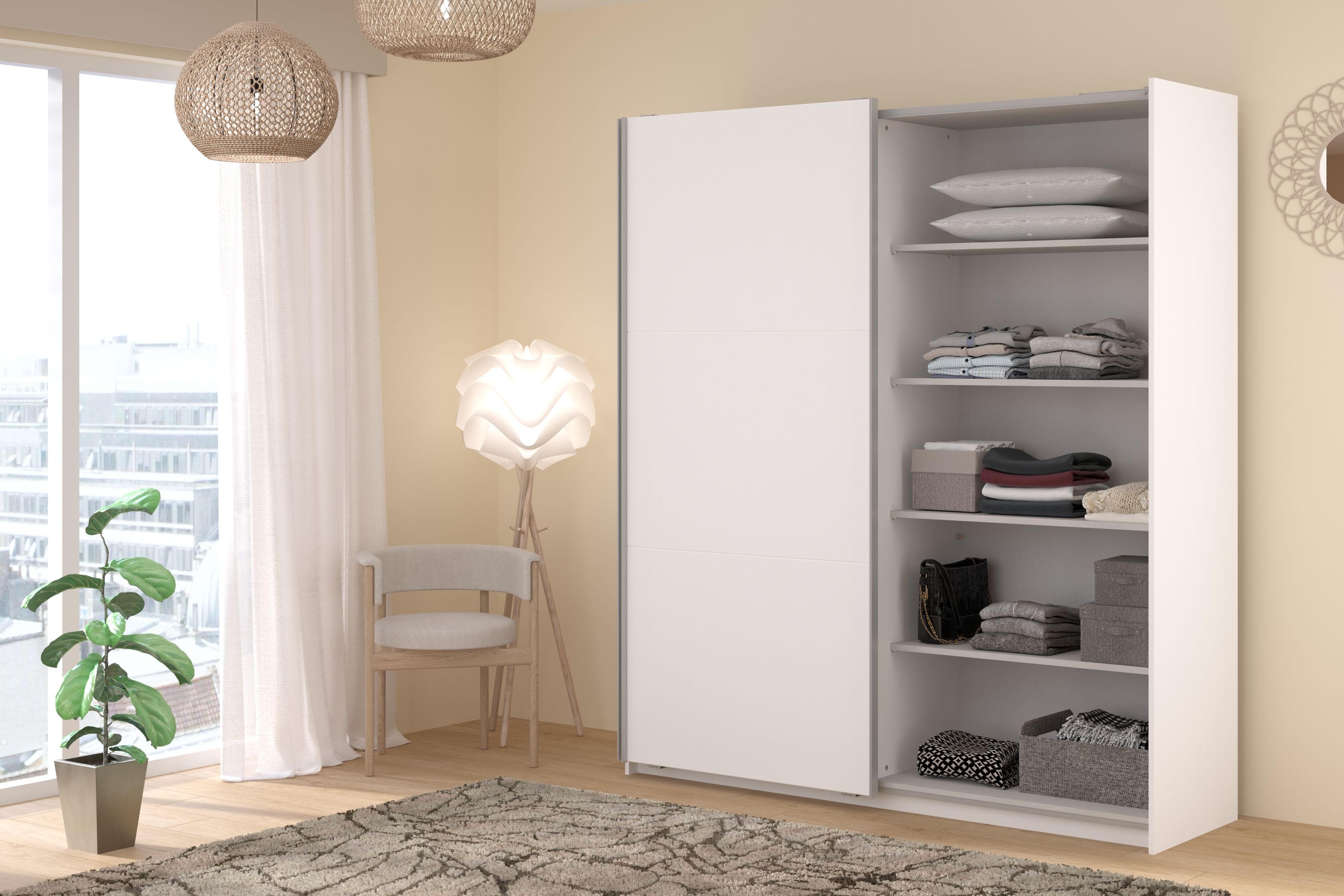 Kleiderschrank Swing 4 Weiß 178x203x59 cm – Schwebetürenschrank mit Spiegeltür & Stauraum