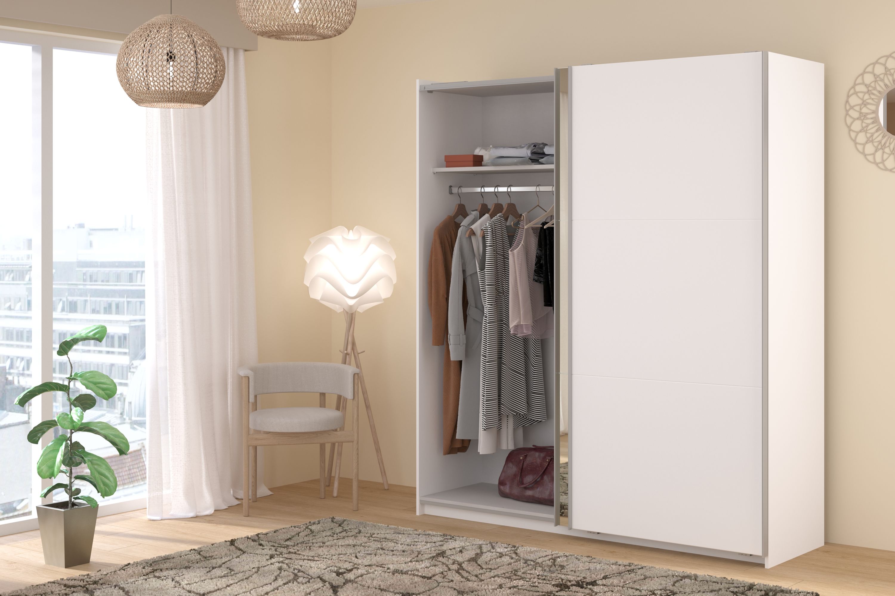 Kleiderschrank Swing 4 Weiß 178x203x59 cm – Schwebetürenschrank mit Spiegeltür & Stauraum