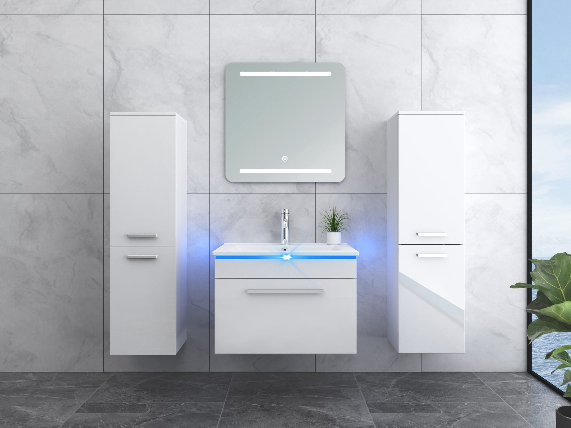 Faizee Home Badmöbelset 60 cm Hochglanz inkl. Keramik-Waschbecken, LED-Spiegel & Soft-Close
