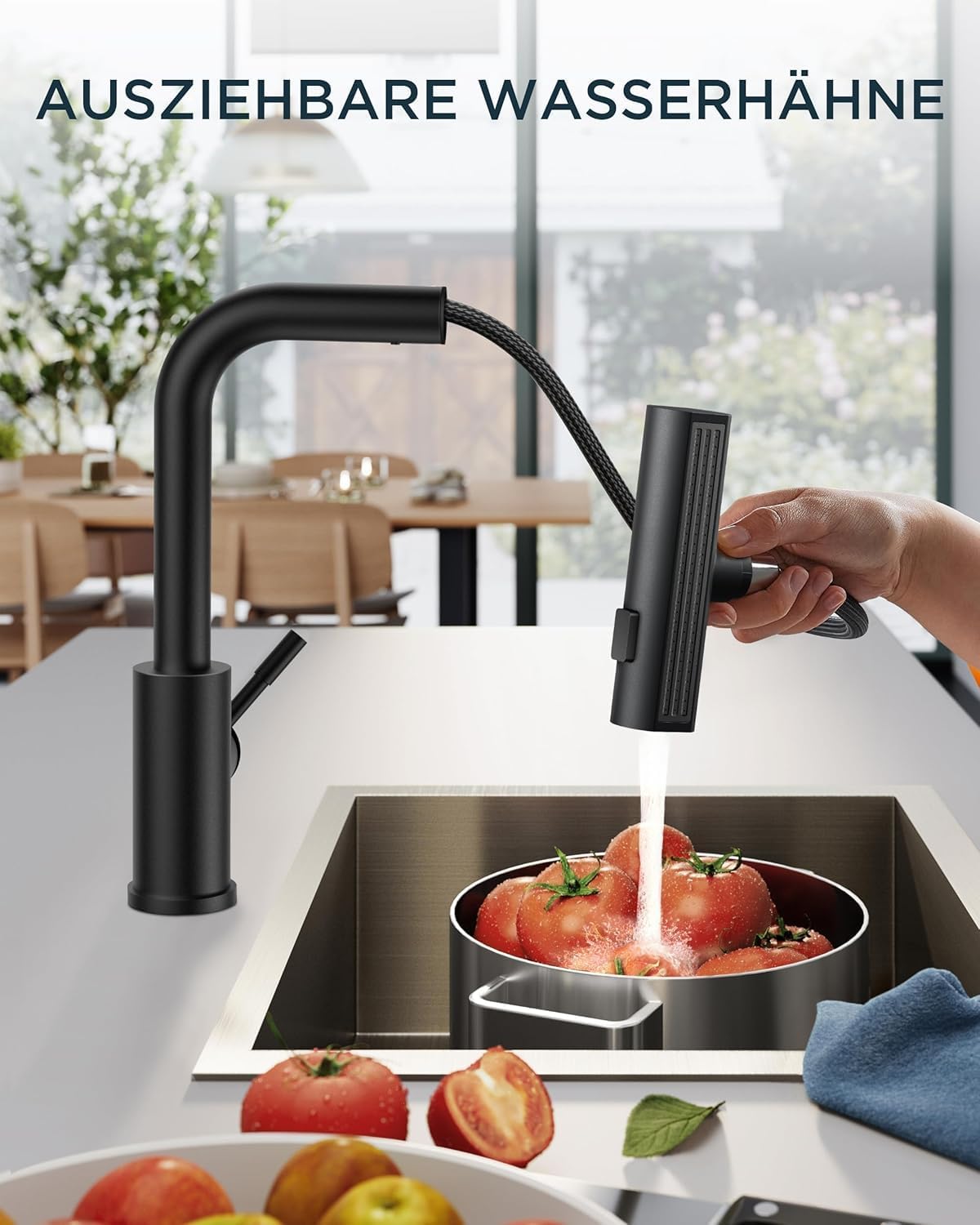 Twist Küchenarmatur Schwarz – Ausziehbare Armatur mit 360° Drehung, Messingkörper & Einhebelmischer