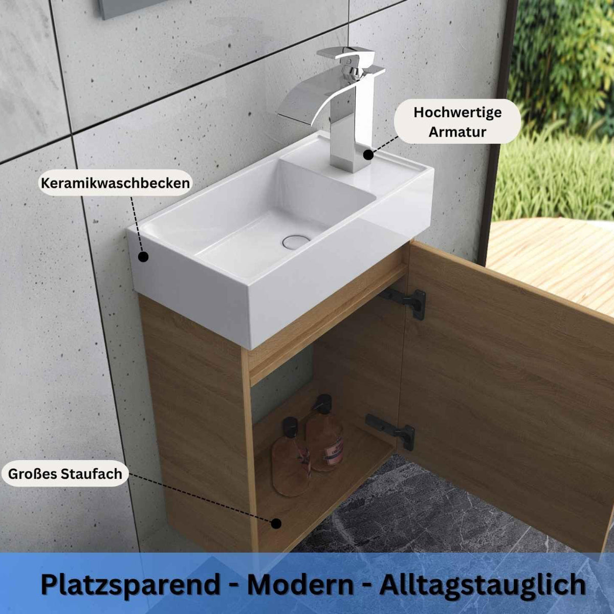 Faizee Home Badmöbel Set – Waschbeckenunterschrank mit Keramik Waschbecken, Spiegel & Armatur – Kompakter Badezimmerschrank Badschrank für Gäste WC & kleine Bäder