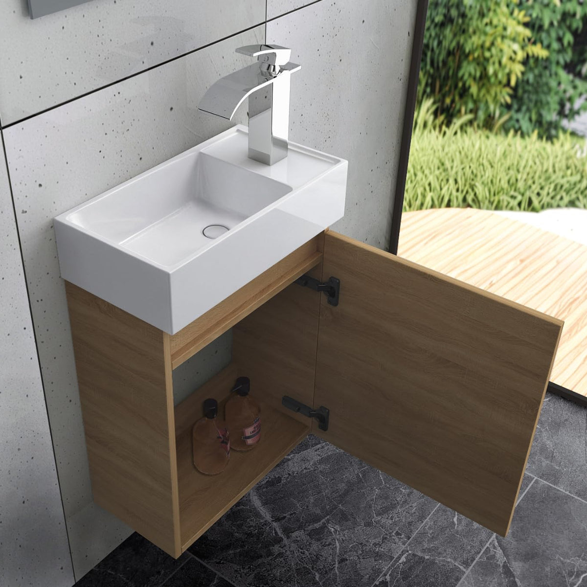 Faizee Home Badmöbel Set – Waschbeckenunterschrank mit Keramik Waschbecken, Spiegel & Armatur – Kompakter Badezimmerschrank Badschrank für Gäste WC & kleine Bäder