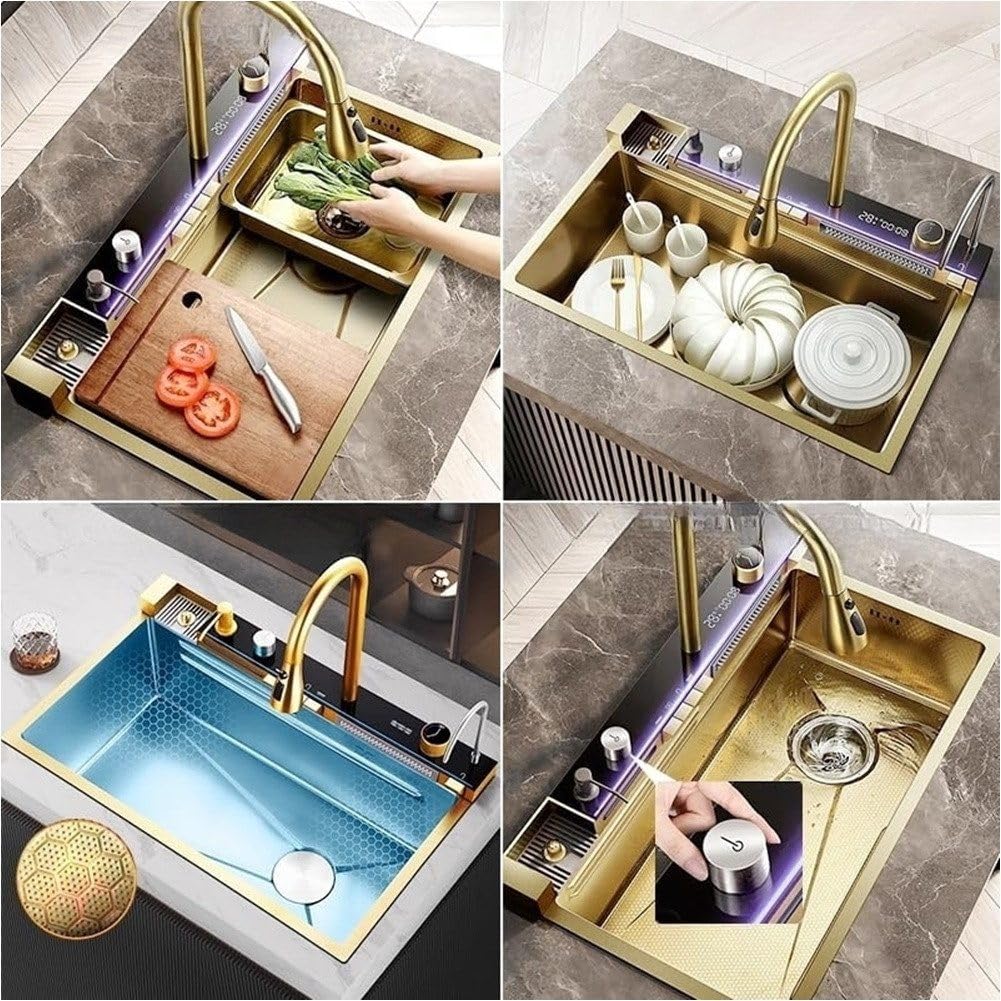 Wasserfall-Küchenspüle – Nano Edelstahlspüle mit 4-fach Armatur, Sprudelwasserhahn, Überlauf, Siphon & Zubehör