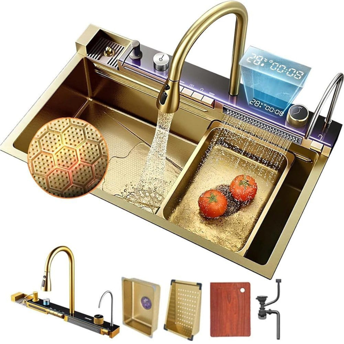 Wasserfall-Küchenspüle – Nano Edelstahlspüle mit 4-fach Armatur, Sprudelwasserhahn, Überlauf, Siphon & Zubehör