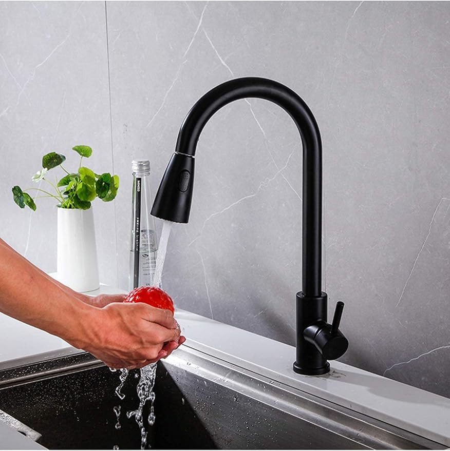 Wave Küchenarmatur Schwarz & Chrom – Ausziehbare Armatur mit Brause, 360° Drehbereich & Edelstahl 304