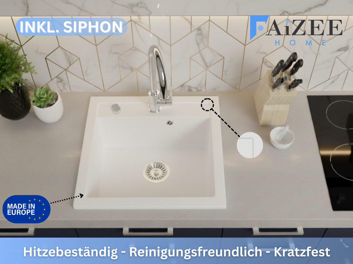 Granitspüle Milano 49×52 cm – Reversible 1-Becken Einbauspüle Inkl. Spülkorb & Siphon, Optional mit Genial Armatur