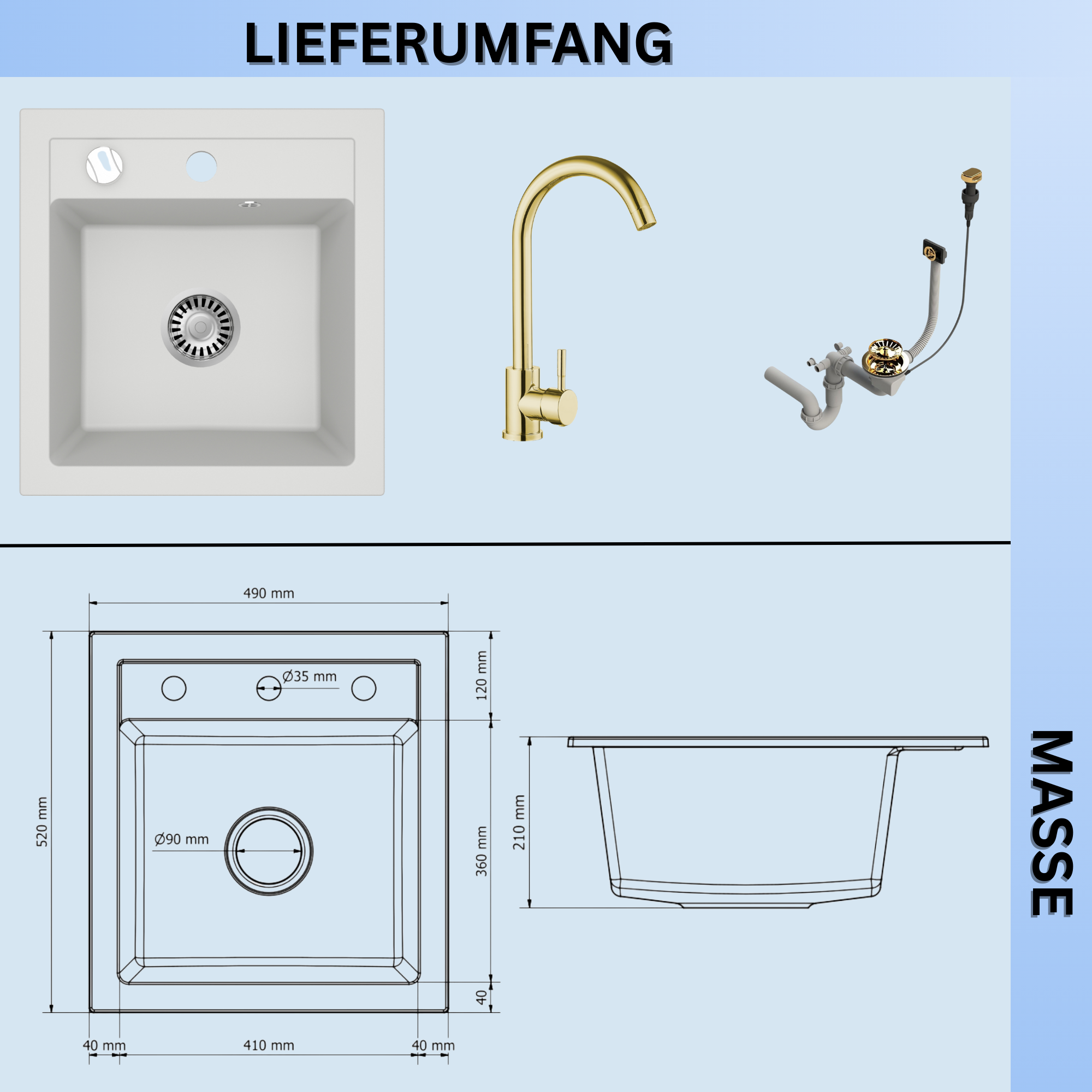 Granitspuele_Milano_49_x_52_cm_Komplettset_mit_Genial_Kuechenarmatur_Gold_Siphon-Set_Gold_Einbauspuele_aus_Granit