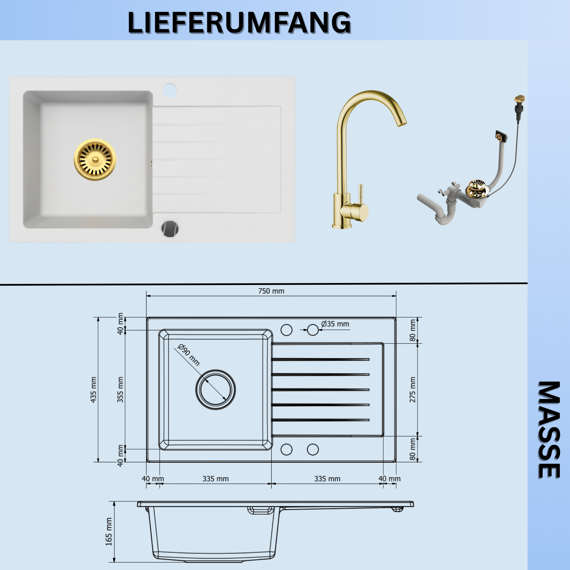 Granitspüle Alisha 75×43,5 cm mit Armatur Genial Gold & Siphon-Set Gold