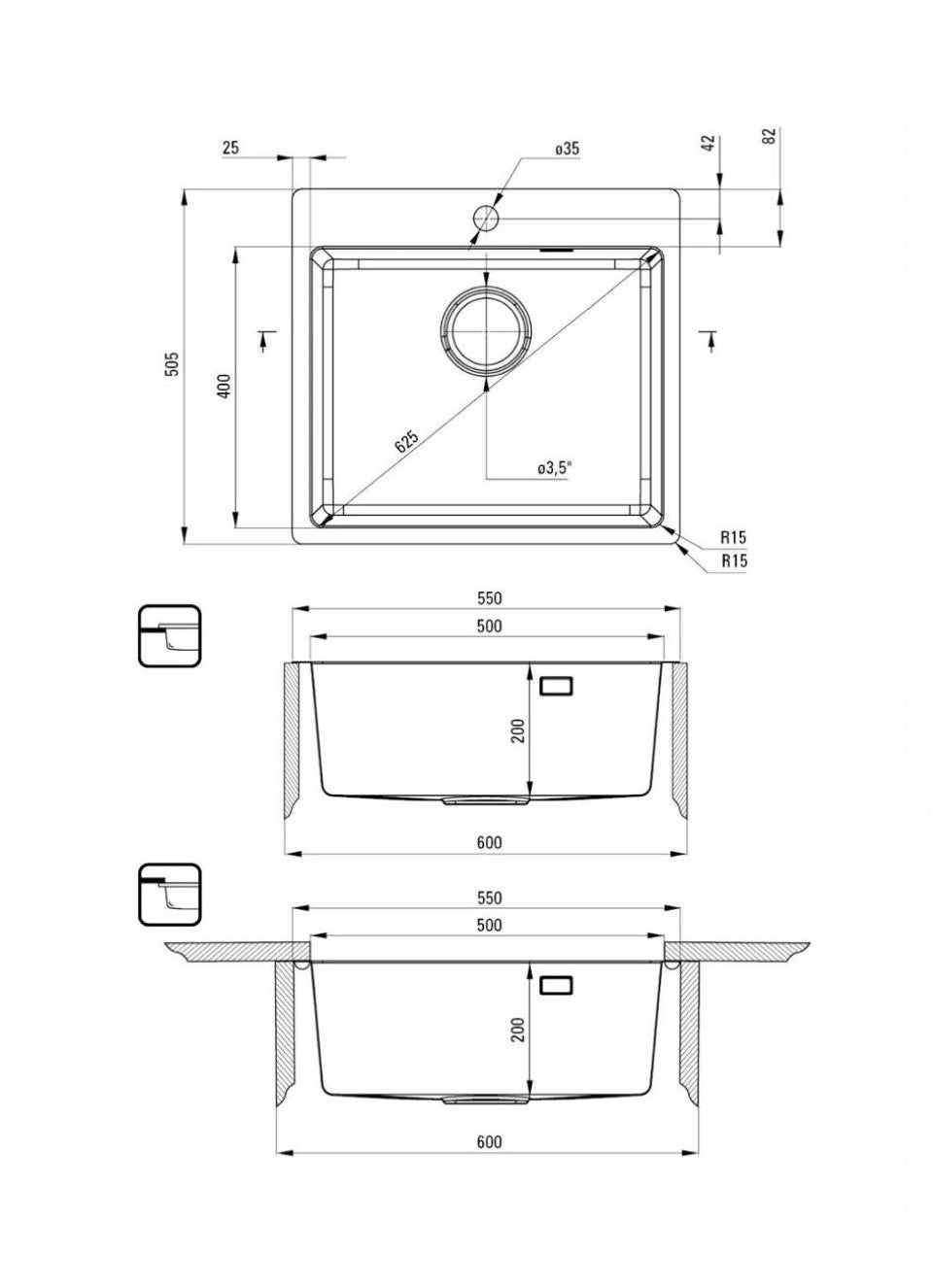 Edelstahlspüle 50,5x55 + Spülkorb – mit/ohne Armatur