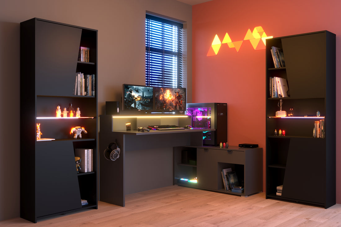 Parisot - Work 1 | Gaming Set in Schwarz und Grau – 3-teiliges Set mit Gamingtisch, Monitorbrücke und LED-Beleuchtung
