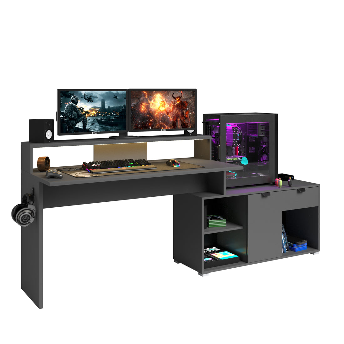 Parisot - Work 11 | Gaming Set in Schwarz und Grau – 2-teiliges Set mit Gamingtisch, Monitorbrücke und LED-Beleuchtung