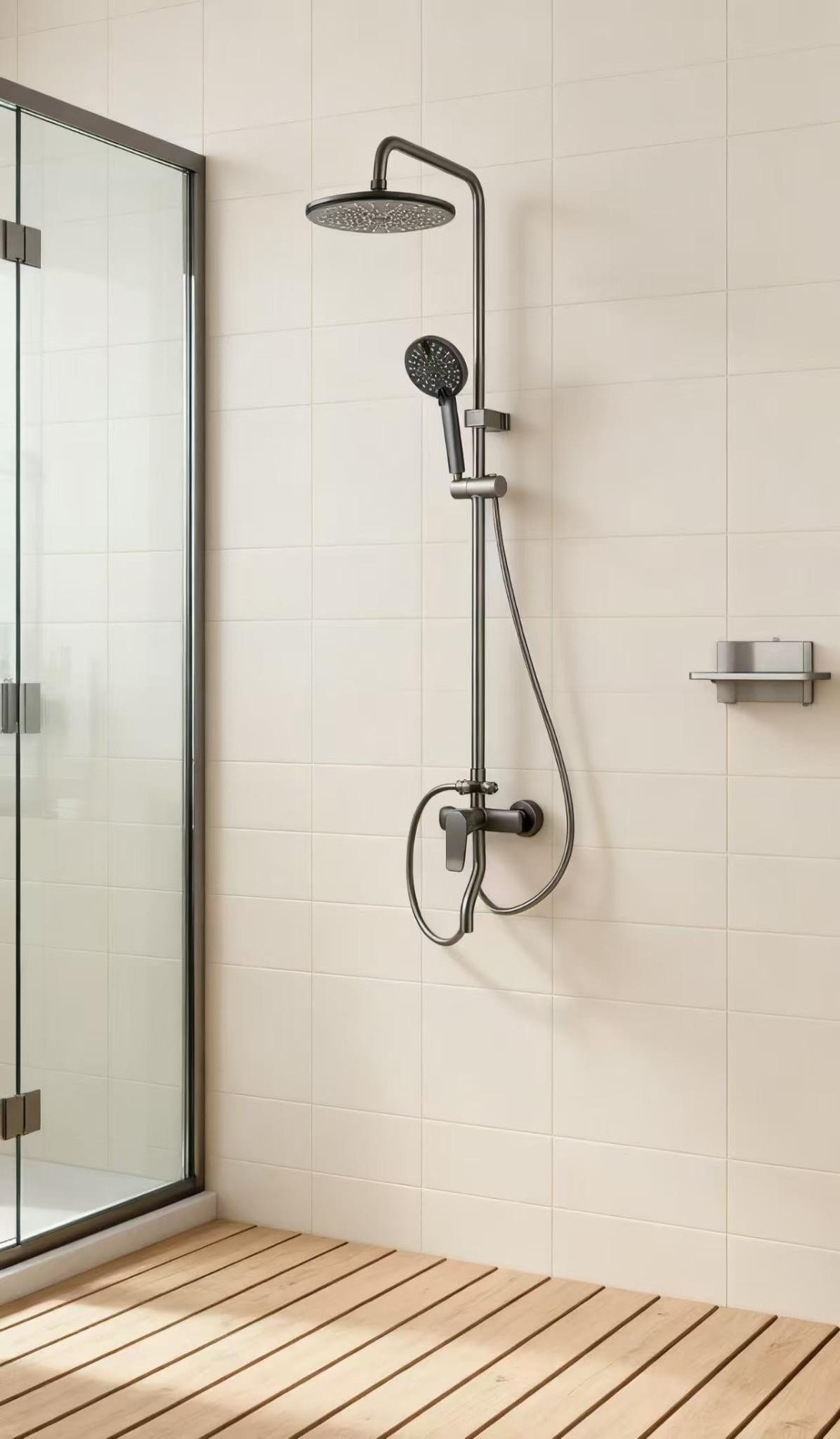 Faizee Home Duschsystem Schwarz – Regendusche mit Handbrause, höhenverstellbarer Duschstange & Einhebelmischer