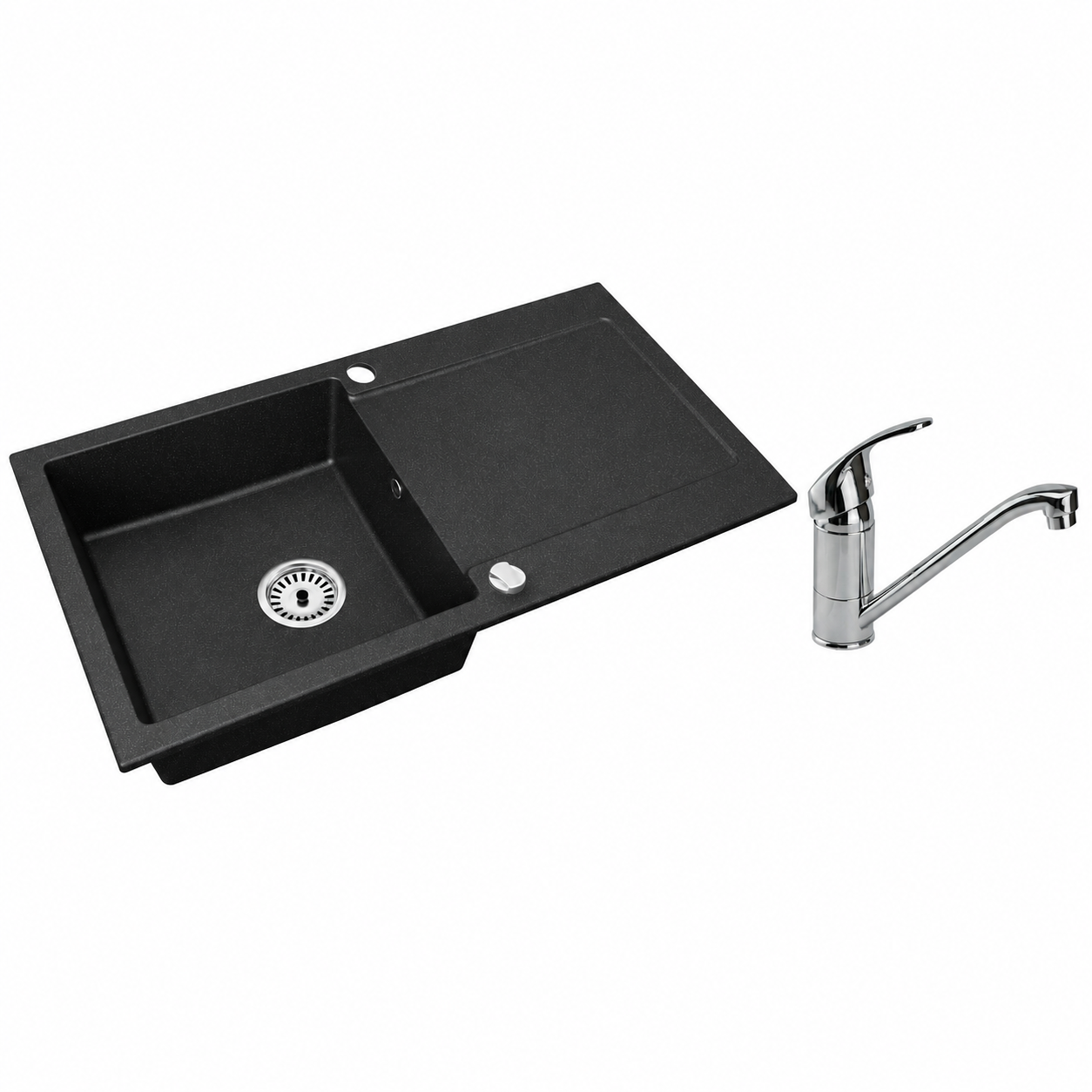 Granitspüle Element mit Abtropffläche – Einbauspüle beidseitig montierbar, inkl. Siphon Mit Armatur