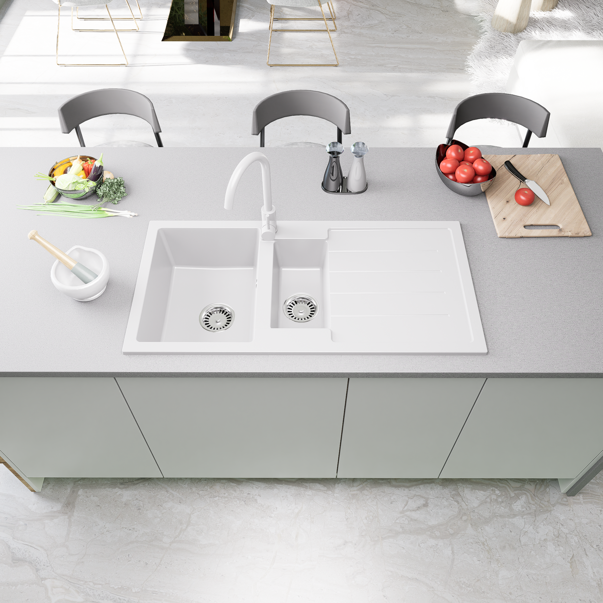 Granitspüle 100x50 cm 2 Becken mit Abtropffläche und Armatur