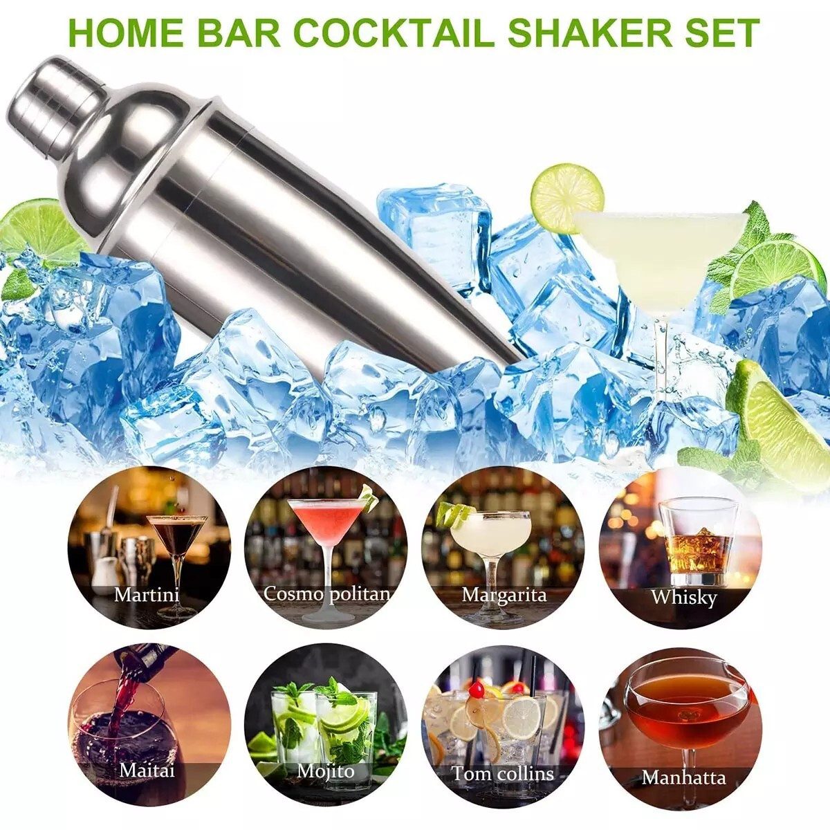 Faizee Home Cocktail-Set Edelstahl 7-tlg. oder 11-tlg. mit Shaker & Barzubehör