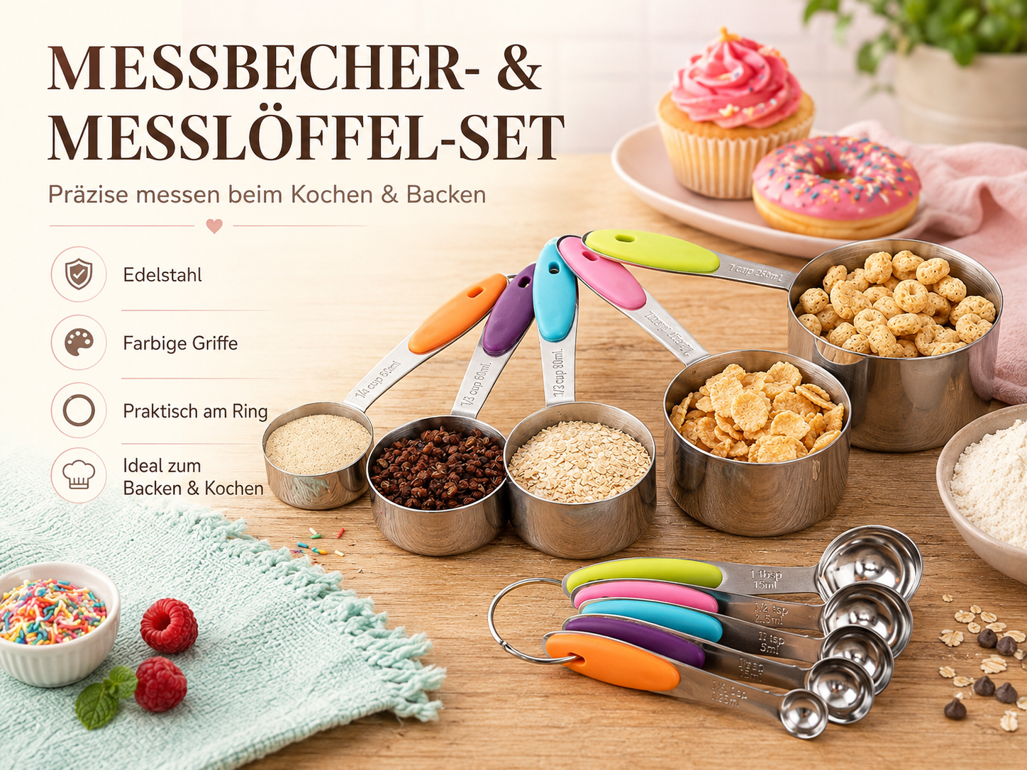 Faizee Home Messbecher & Messlöffel Set 10-teilig – Edelstahl mit Silikongriffen – Stapelbar für Kochen & Backen