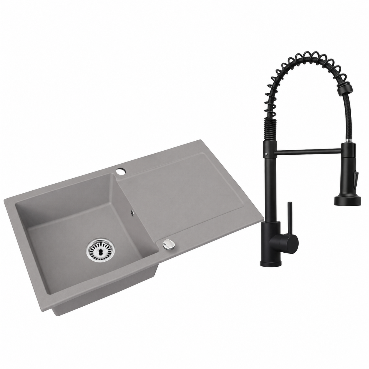 Granitspüle Element mit Abtropffläche – Einbauspüle beidseitig montierbar, inkl. Siphon Mit Armatur