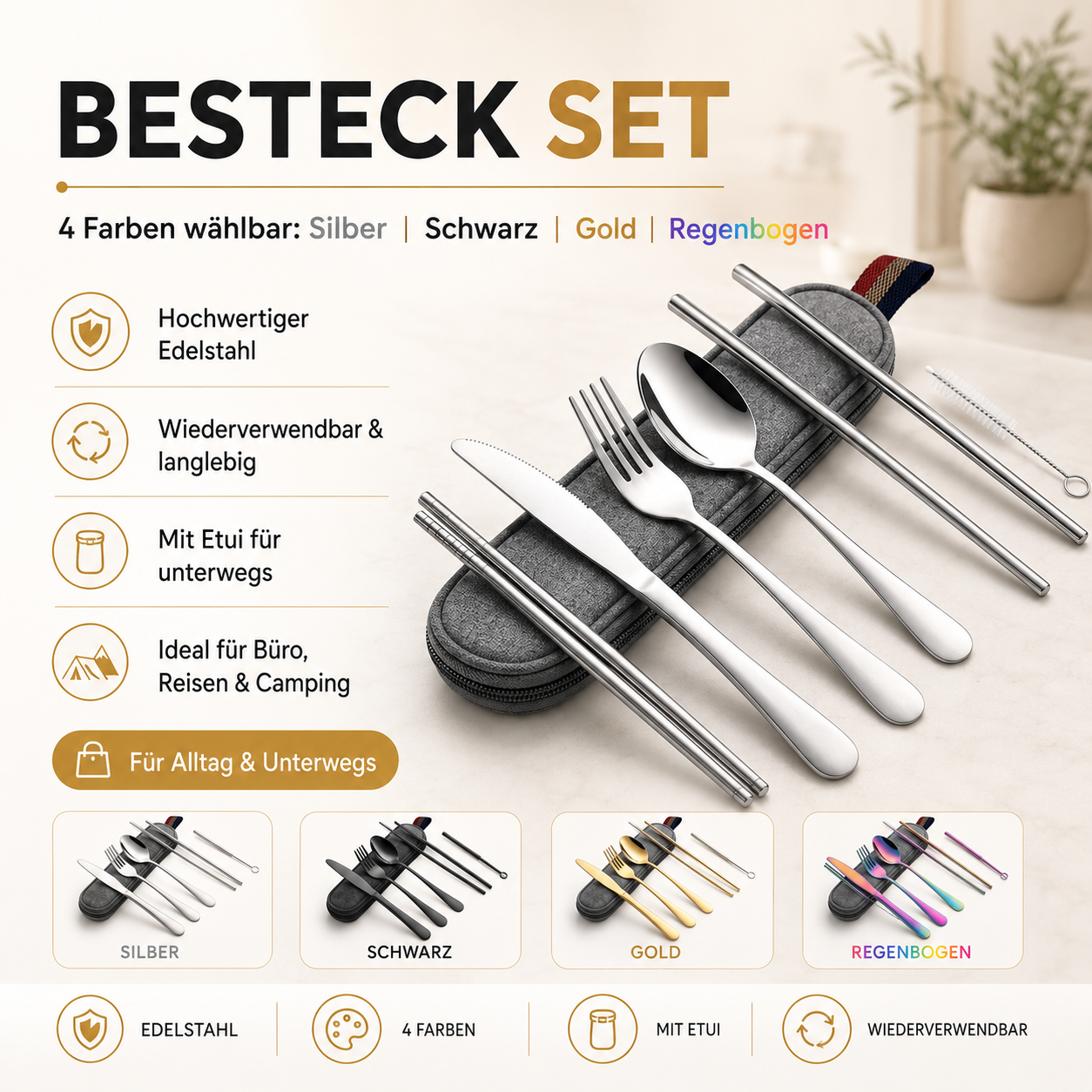 Faizee Möbel Camping Besteckset 8-teilig – Reise-Besteck aus Edelstahl mit Etui | Wiederverwendbar & spülmaschinenfest