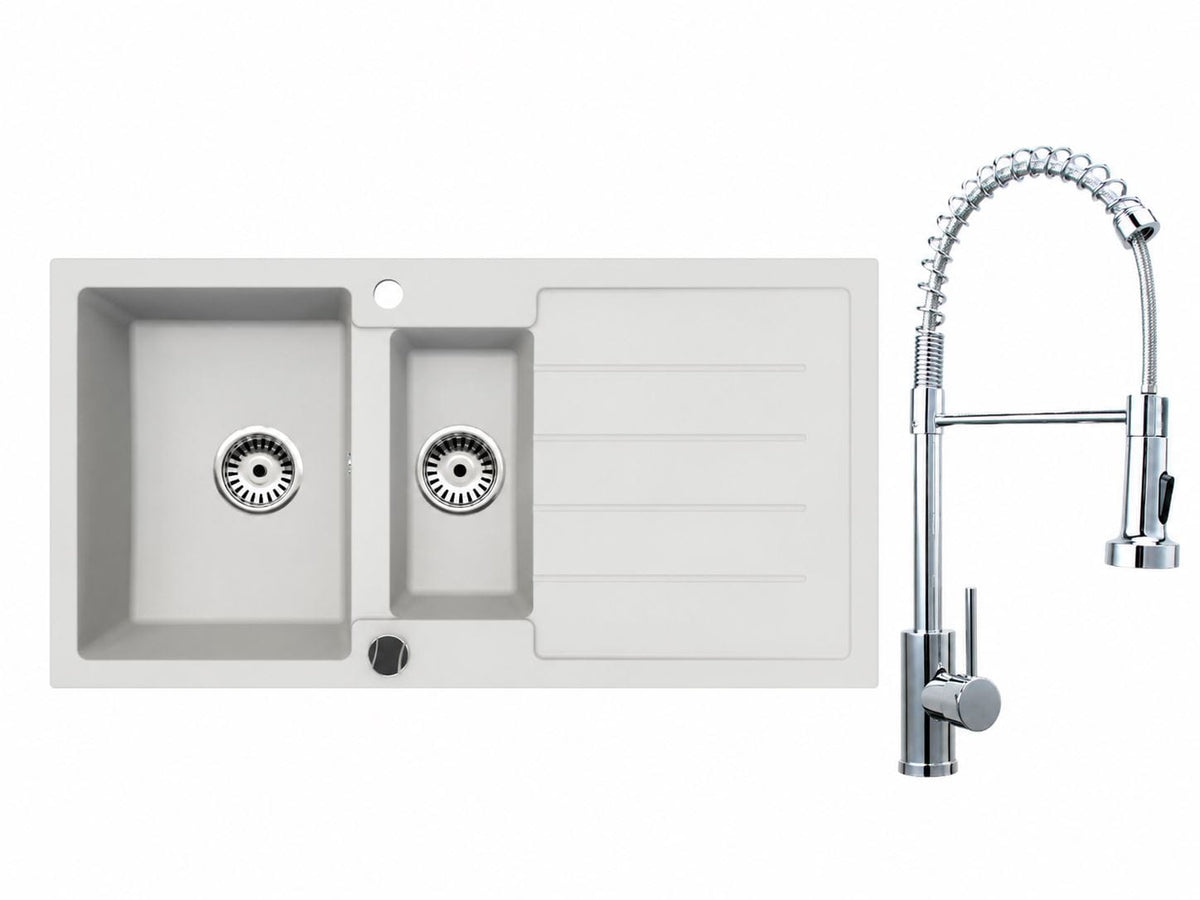 Faizee Home Granitspüle 100 × 50 cm mit 1,5 Becken – inkl. wählbarer Armatur & Siphon-Set