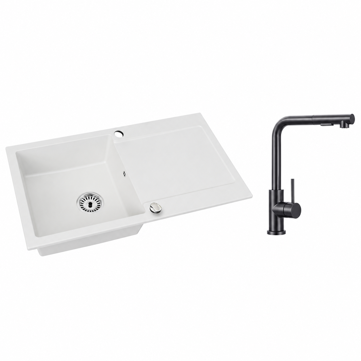 Granitspüle Element mit Abtropffläche – Einbauspüle beidseitig montierbar, inkl. Siphon Mit Armatur