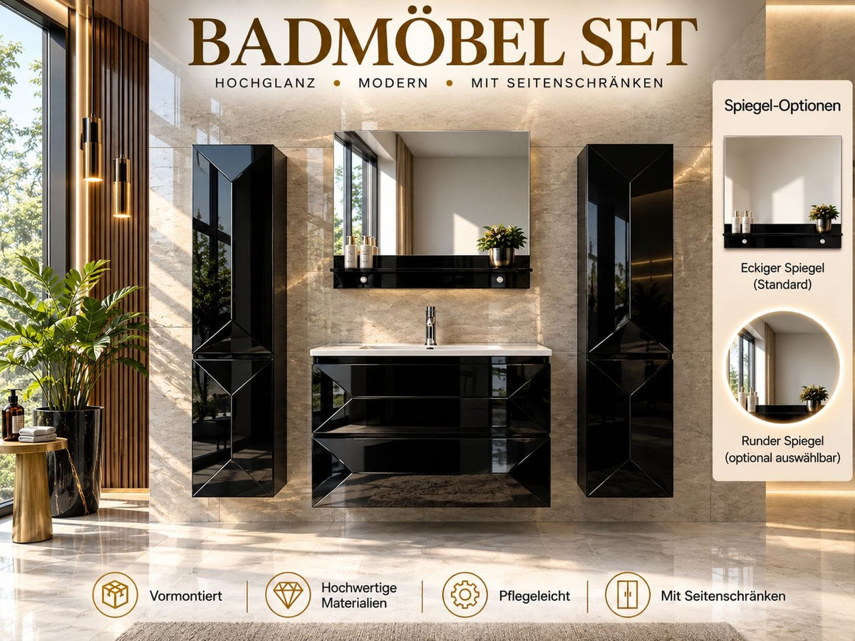 Faizee Home Badmöbel-Set 90 cm Schwarz inkl. Keramik-Waschbecken, Spiegel & wählbaren Seitenschränken