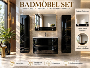 Faizee Home Badmöbel-Set 90 cm Schwarz inkl. Keramik-Waschbecken, Spiegel & wählbaren Seitenschränken