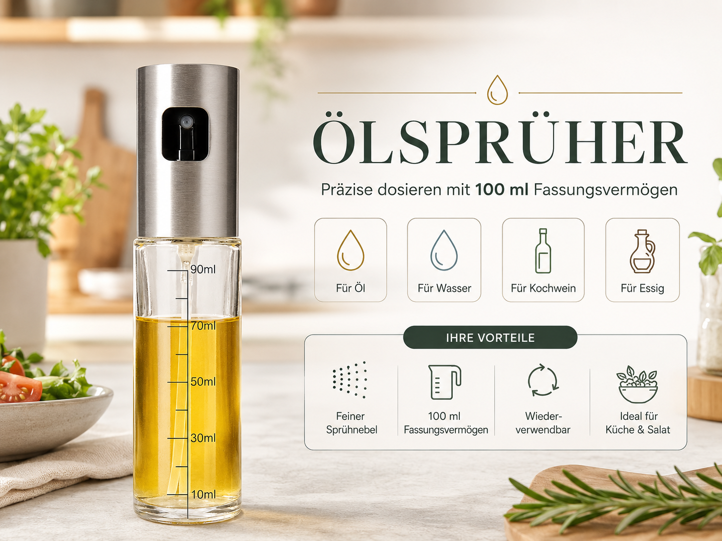 Faizee Home Ölsprüher 100 ml – Glas & Edelstahl – Für Öl, Essig, Airfryer, Grill & Salat