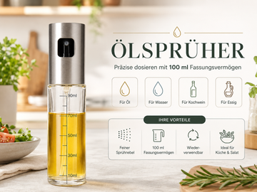 Faizee Home Ölsprüher 100 ml – Glas & Edelstahl – Für Öl, Essig, Airfryer, Grill & Salat