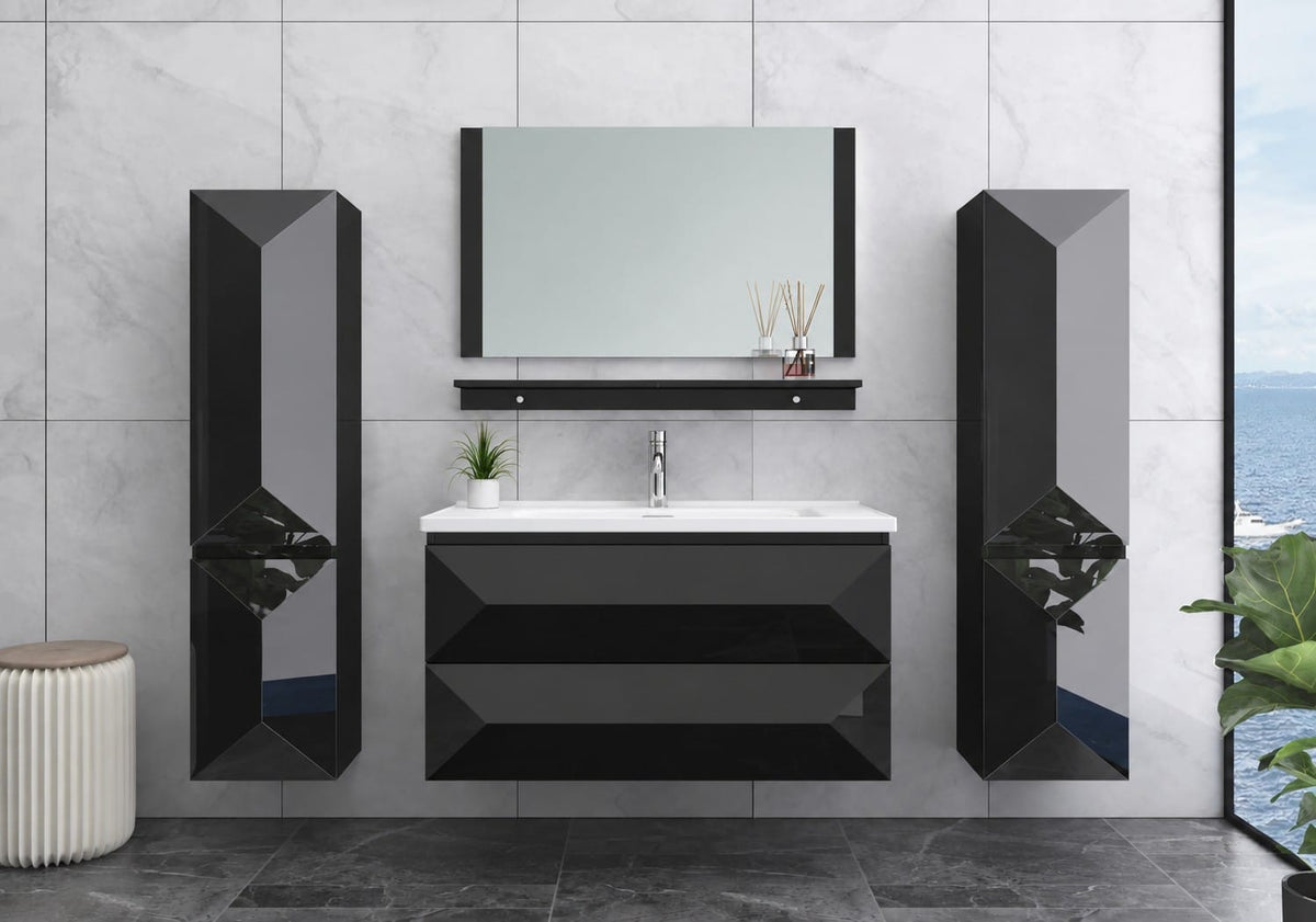 Faizee Home Badmöbel-Set 90 cm Schwarz inkl. Keramik-Waschbecken, Spiegel & wählbaren Seitenschränken