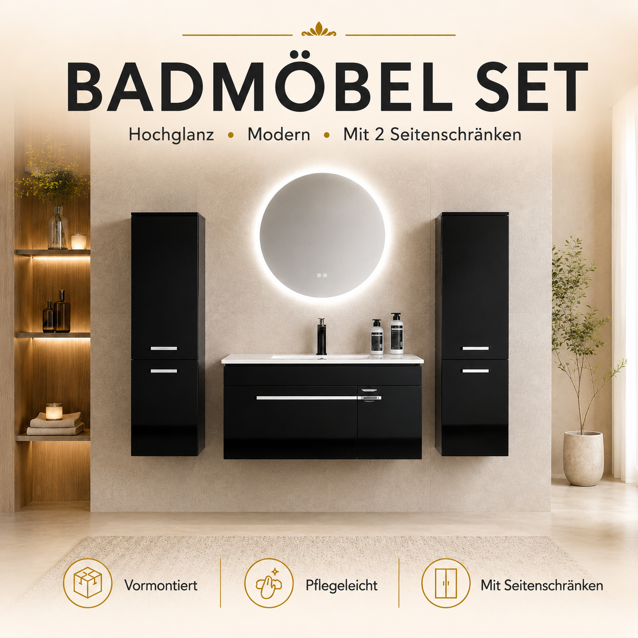 Faizee Home Badmöbelset 90 cm Schwarz Hochglanz inkl. Keramik-Waschbecken, LED-Spiegel & optionalen Seitenschränken