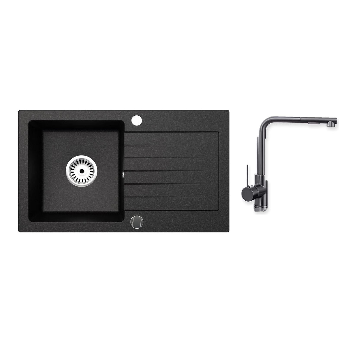Granitspüle Alisha 75x43,5 cm mit Abtropffläche – Einbauspüle beidseitig montierbar, inkl. Siphon Mit Armatur