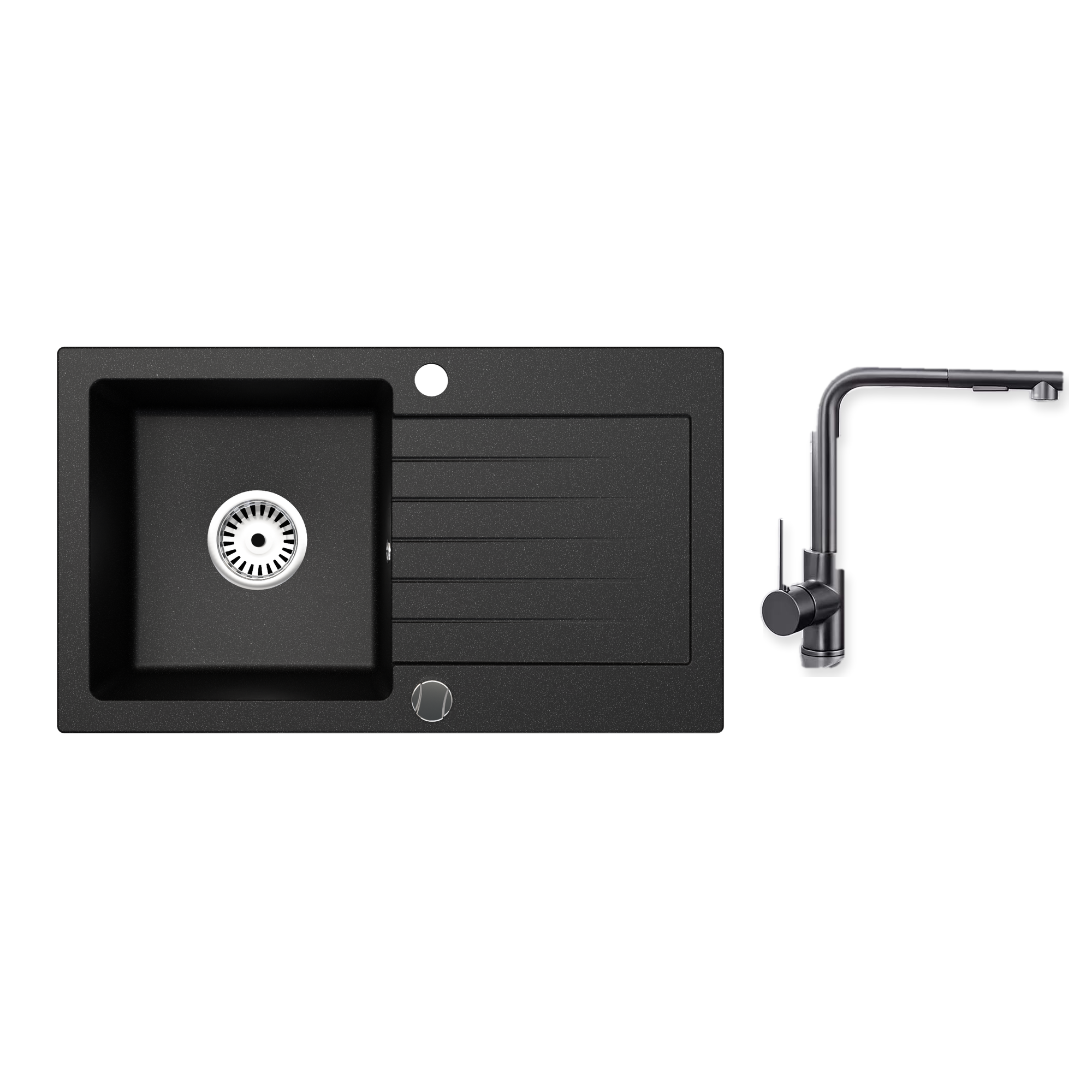 Granitspüle Alisha 75x43,5 cm mit Abtropffläche – Einbauspüle beidseitig montierbar, inkl. Siphon Mit Armatur