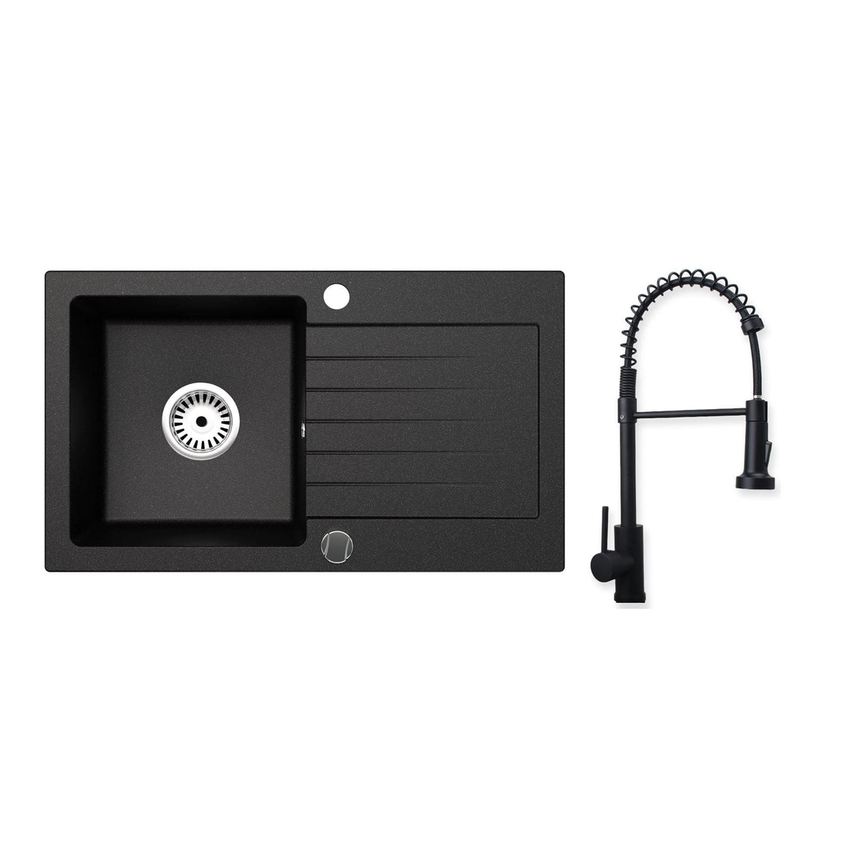 Granitspüle Alisha 75x43,5 cm mit Abtropffläche – Einbauspüle beidseitig montierbar, inkl. Siphon Mit Armatur