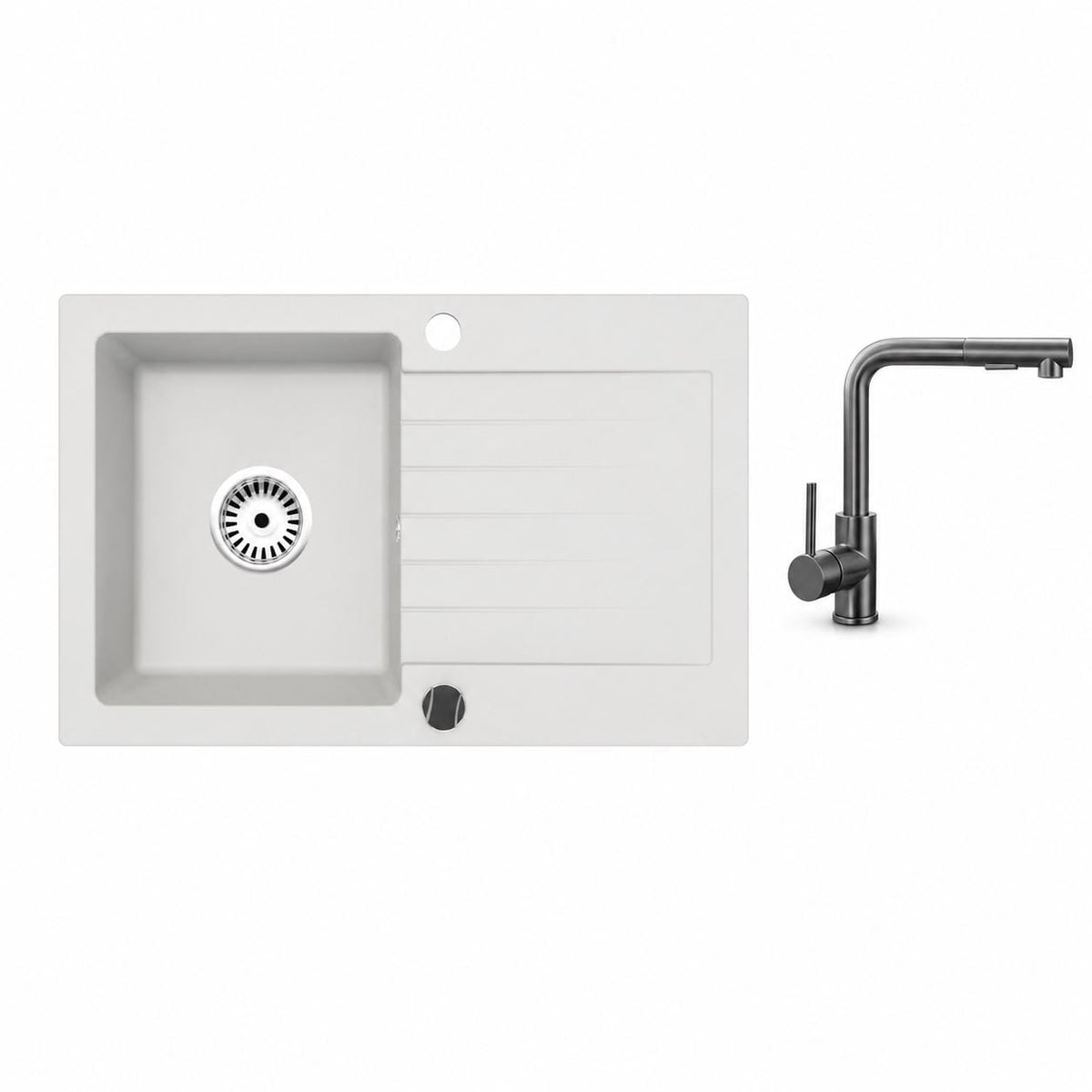 Granitspüle Alisha 75x43,5 cm mit Abtropffläche – Einbauspüle beidseitig montierbar, inkl. Siphon Mit Armatur