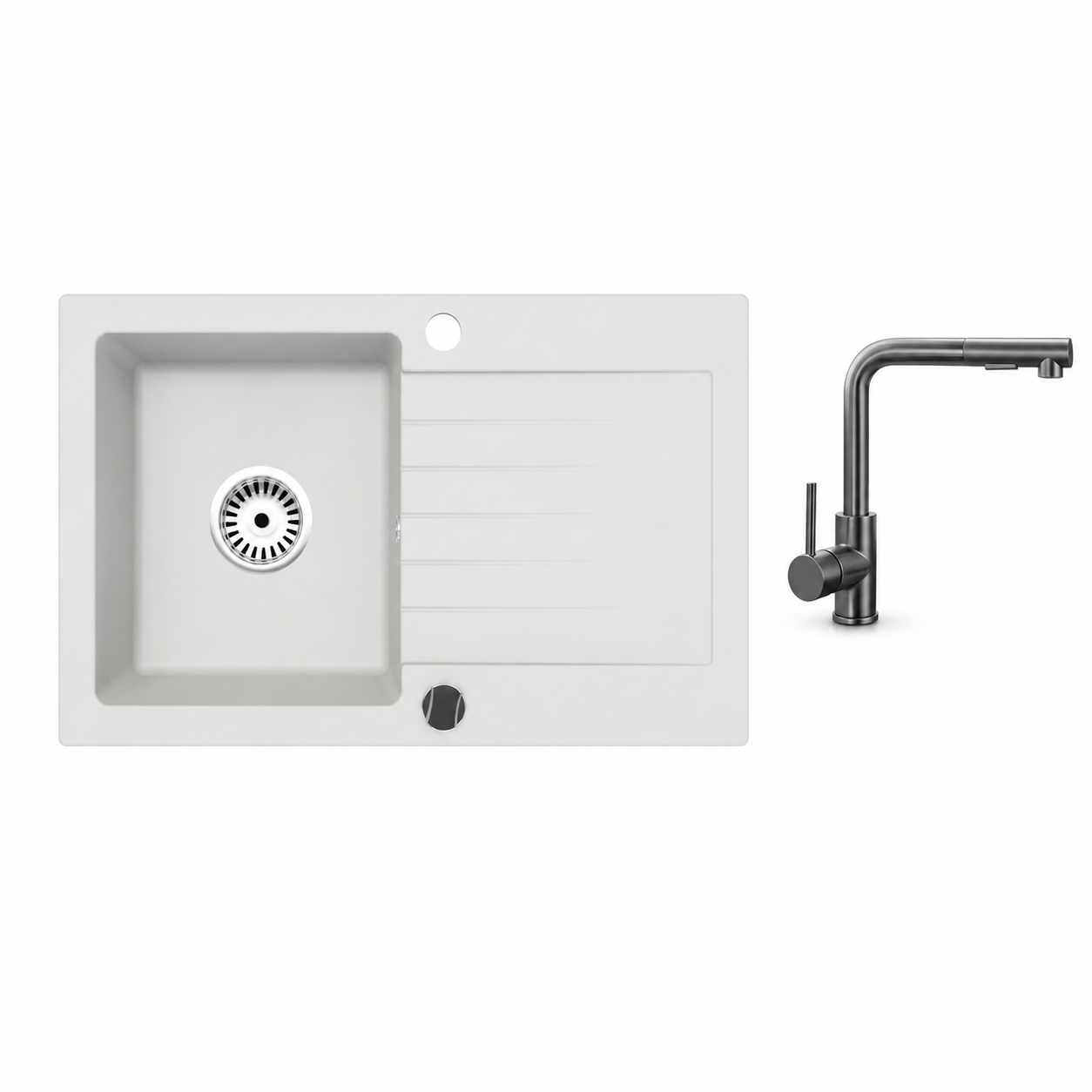 Granitspüle Alisha 75x43,5 cm mit Abtropffläche – Einbauspüle beidseitig montierbar, inkl. Siphon Mit Armatur