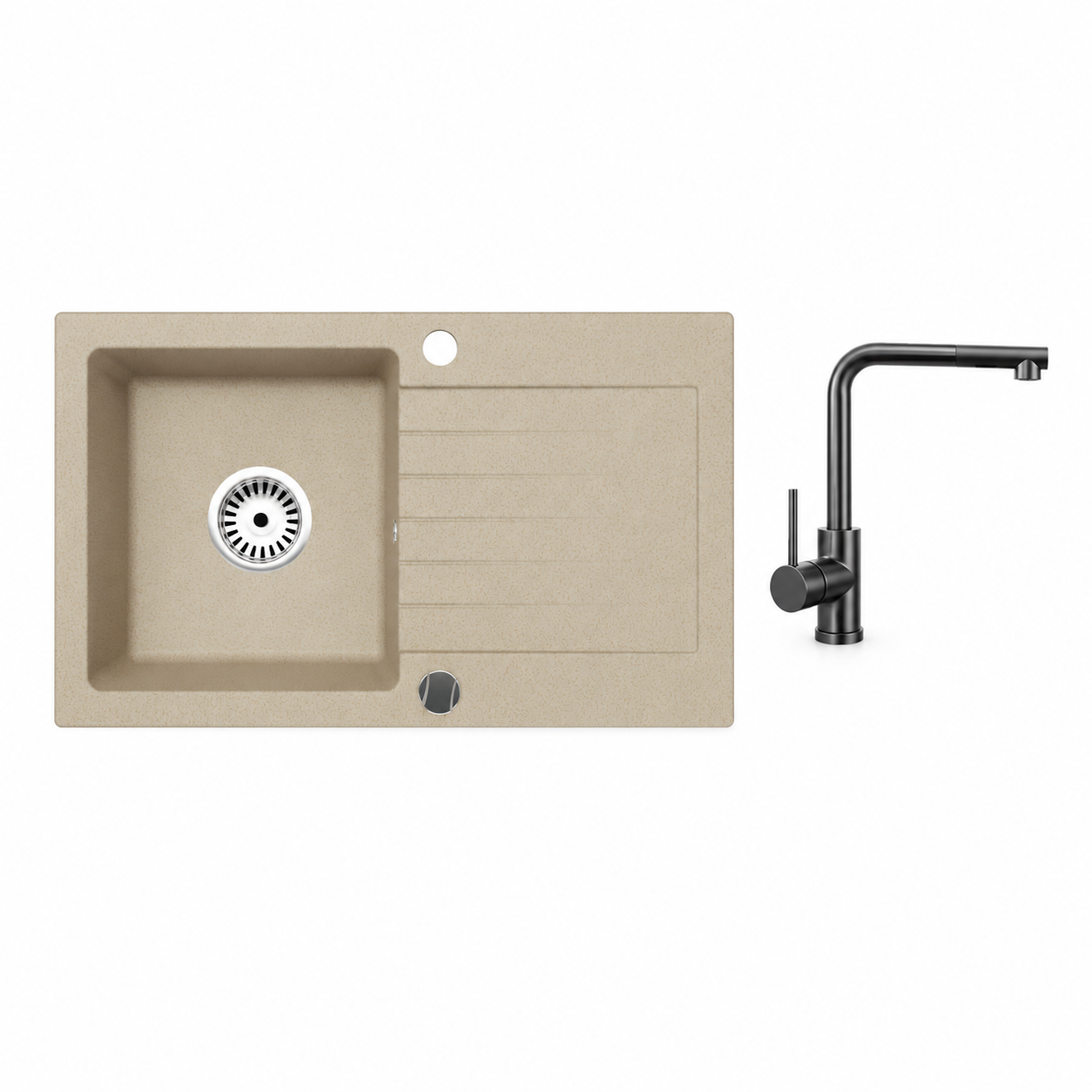 Granitspüle Alisha 75x43,5 cm mit Abtropffläche – Einbauspüle beidseitig montierbar, inkl. Siphon Mit Armatur