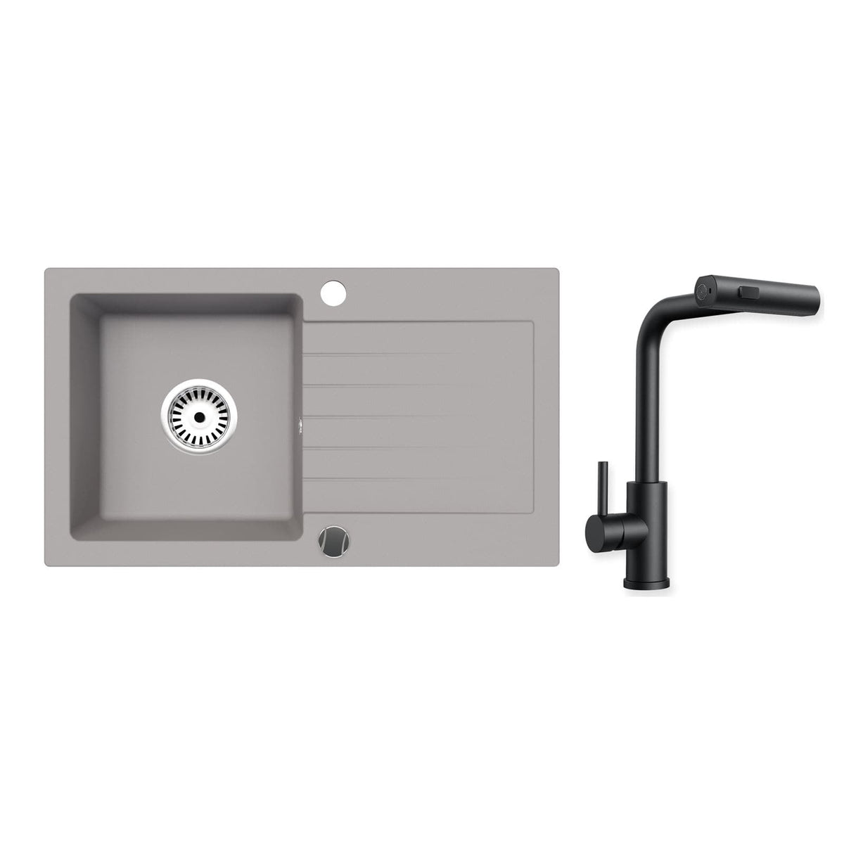 Granitspüle Alisha 75x43,5 cm mit Abtropffläche – Einbauspüle beidseitig montierbar, inkl. Siphon Mit Armatur