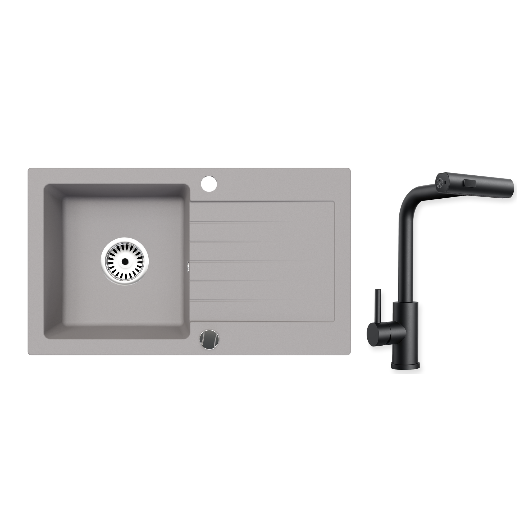 Granitspüle Alisha 75x43,5 cm mit Abtropffläche – Einbauspüle beidseitig montierbar, inkl. Siphon Mit Armatur