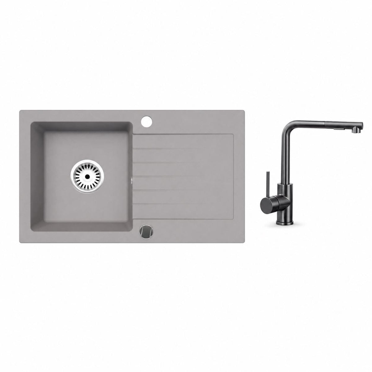 Granitspüle Alisha 75x43,5 cm mit Abtropffläche – Einbauspüle beidseitig montierbar, inkl. Siphon Mit Armatur