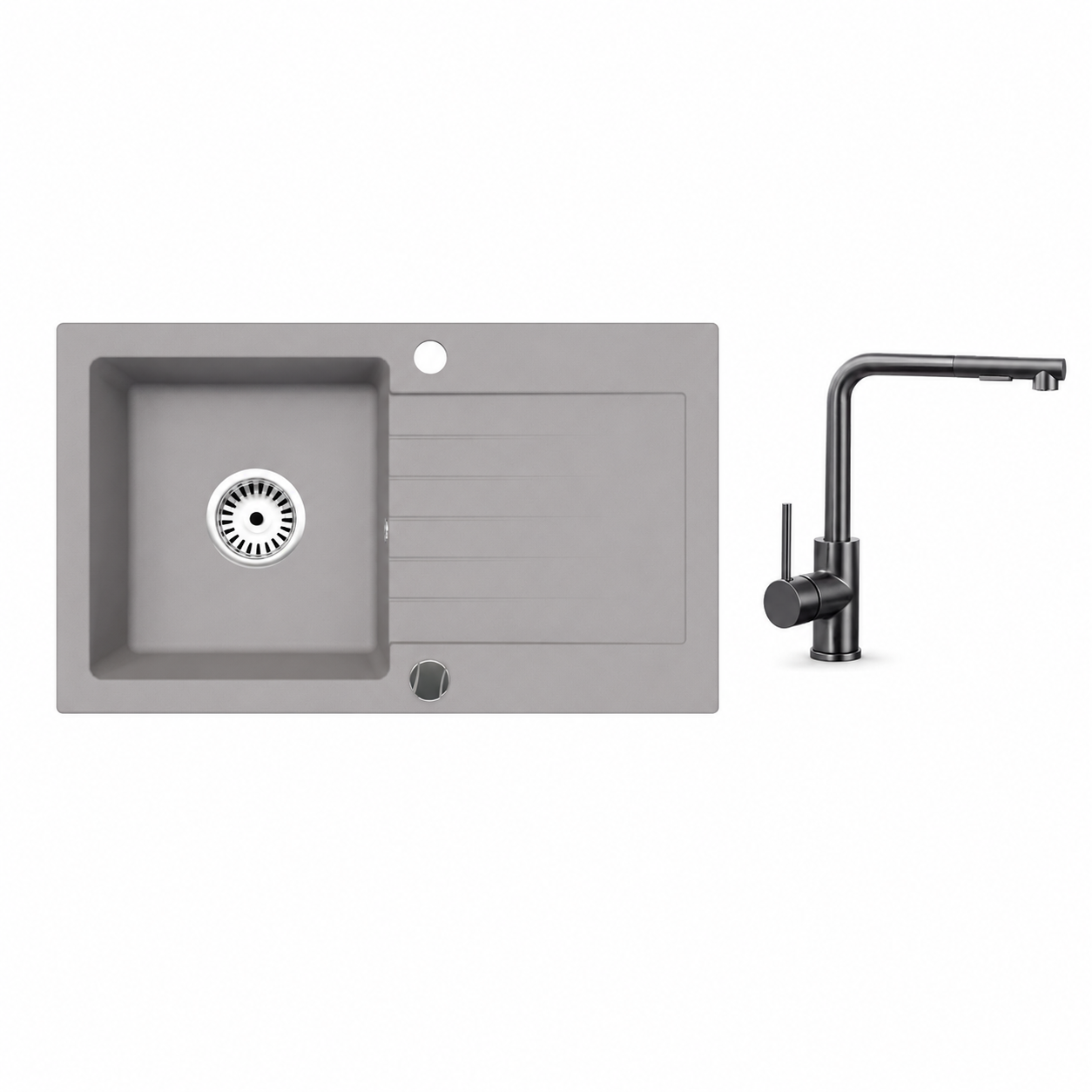 Granitspüle Alisha 75x43,5 cm mit Abtropffläche – Einbauspüle beidseitig montierbar, inkl. Siphon Mit Armatur