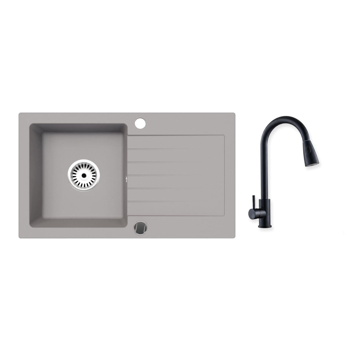 Granitspüle Alisha 75x43,5 cm mit Abtropffläche – Einbauspüle beidseitig montierbar, inkl. Siphon Mit Armatur
