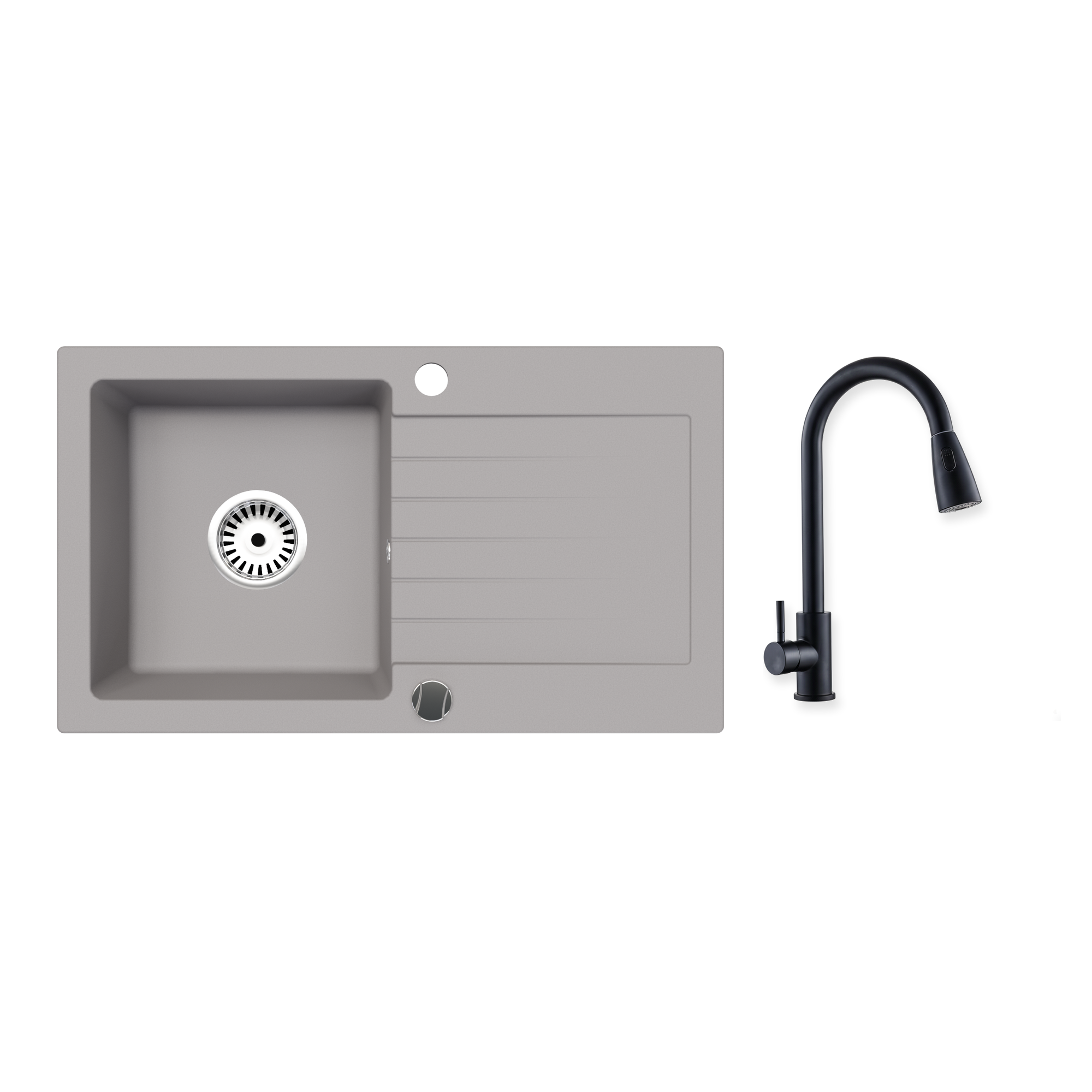 Granitspüle Alisha 75x43,5 cm mit Abtropffläche – Einbauspüle beidseitig montierbar, inkl. Siphon Mit Armatur