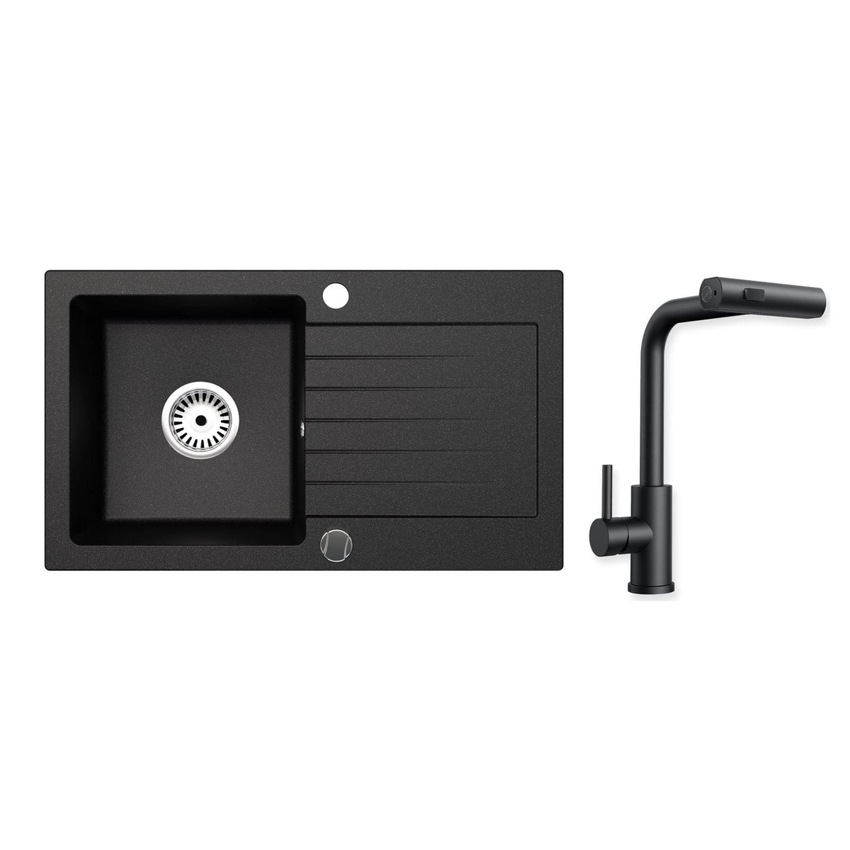 Granitspüle Alisha 75x43,5 cm mit Abtropffläche – Einbauspüle beidseitig montierbar, inkl. Siphon Mit Armatur