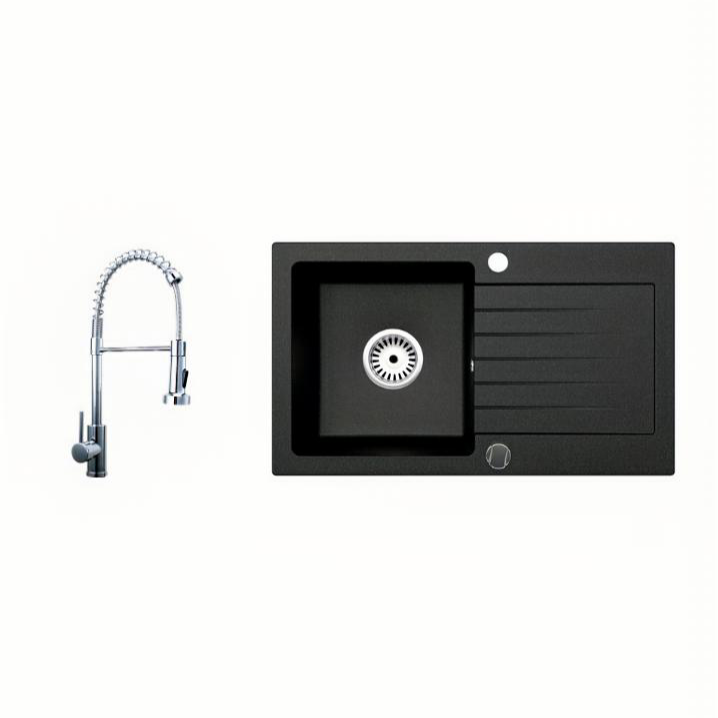 Granitspüle Alisha 75x43,5 cm mit Abtropffläche – Einbauspüle beidseitig montierbar, inkl. Siphon Mit Armatur
