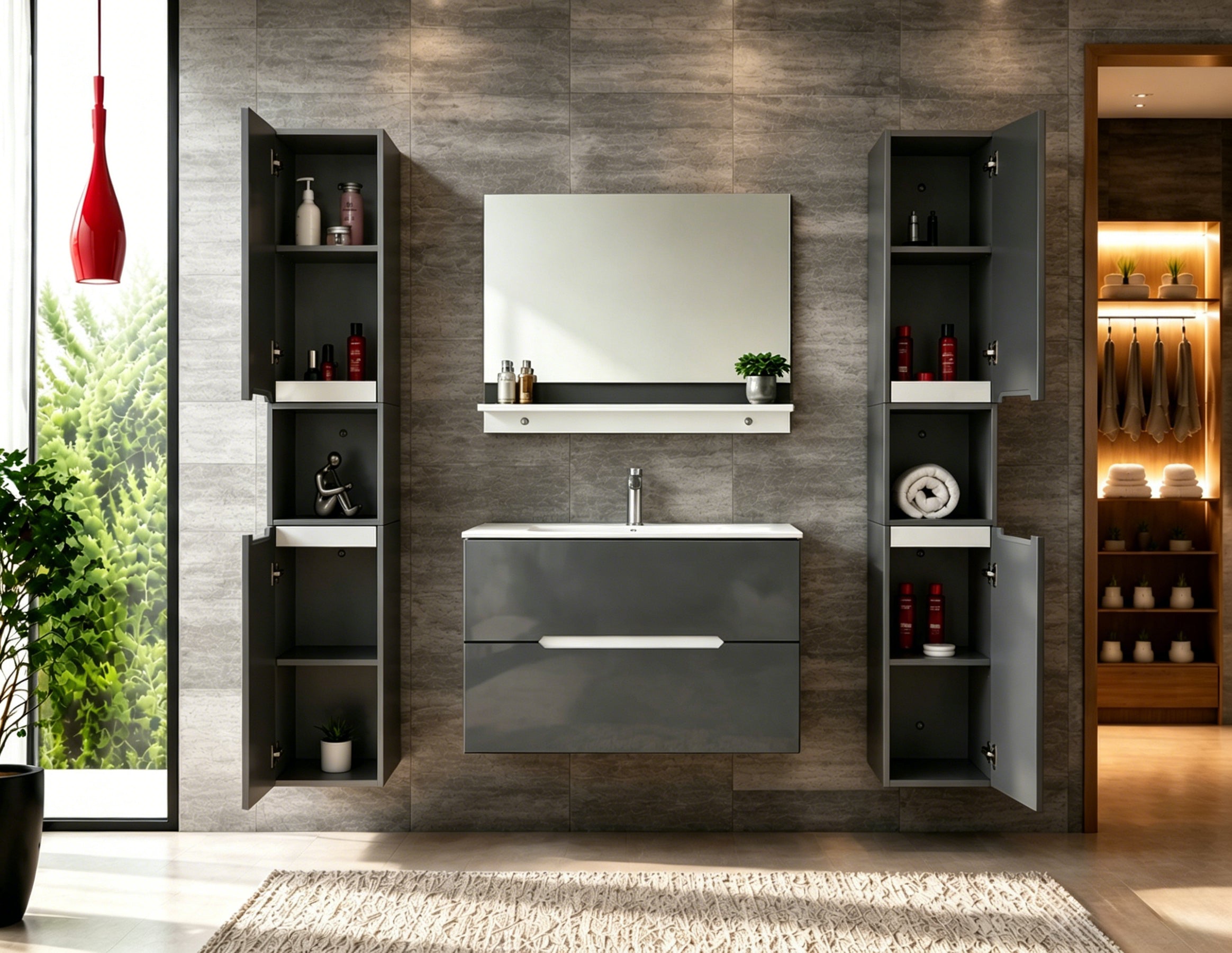 Faizee Home Badmöbelset Aliyah 90 cm Hochglanz Grau Weiß inkl. Waschbecken, Spiegel & Regal