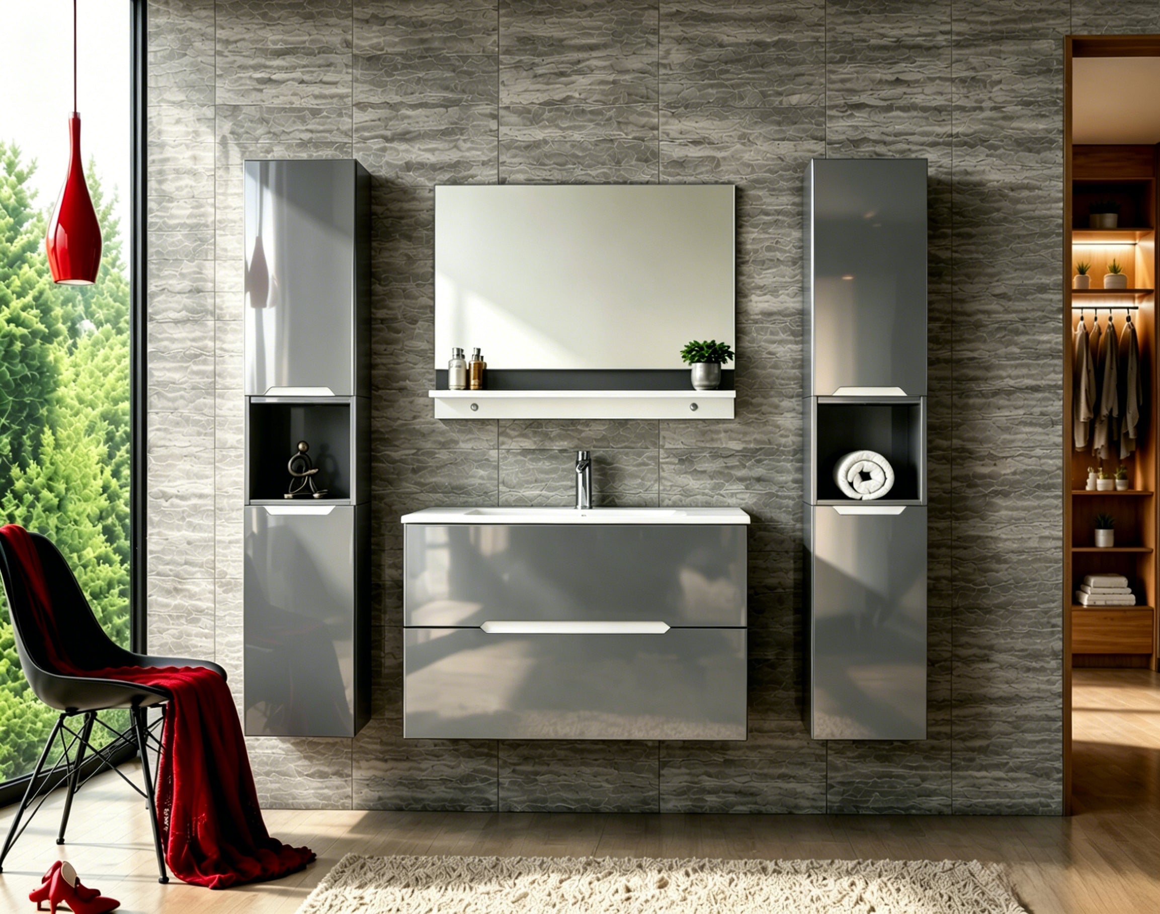 Faizee Home Badmöbelset Aliyah 90 cm Hochglanz Grau Weiß inkl. Waschbecken, Spiegel & Regal